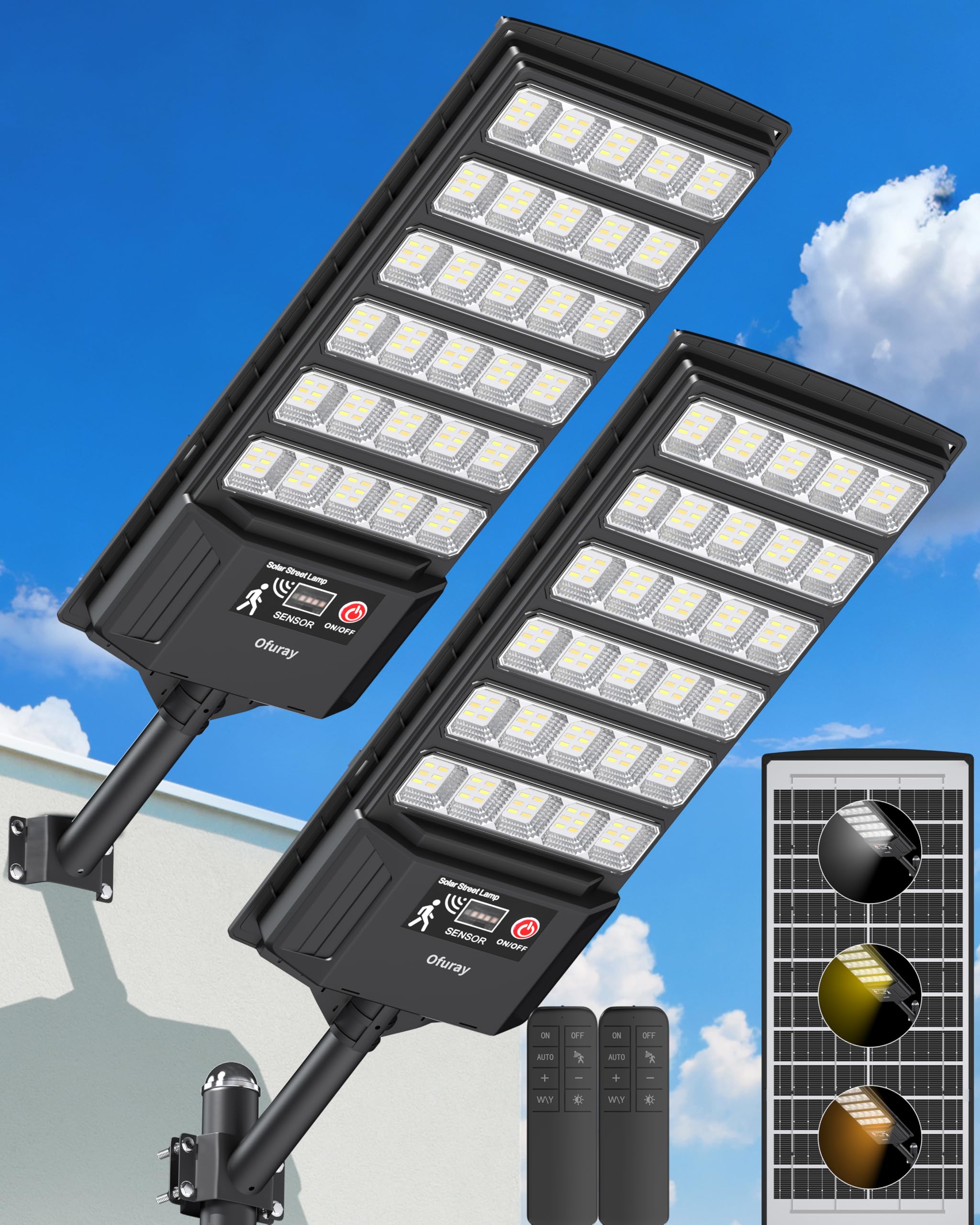 Ofuray Solar Straßenlaterne für Außen, 6AH Solarleuchten für außen Dämmerungssensor bis Morgengrauen mit Bewegungssensor, 3000K/4000K/6500K Dimmbar, solarstrahler außen für Wand, Garten, Tri-2P