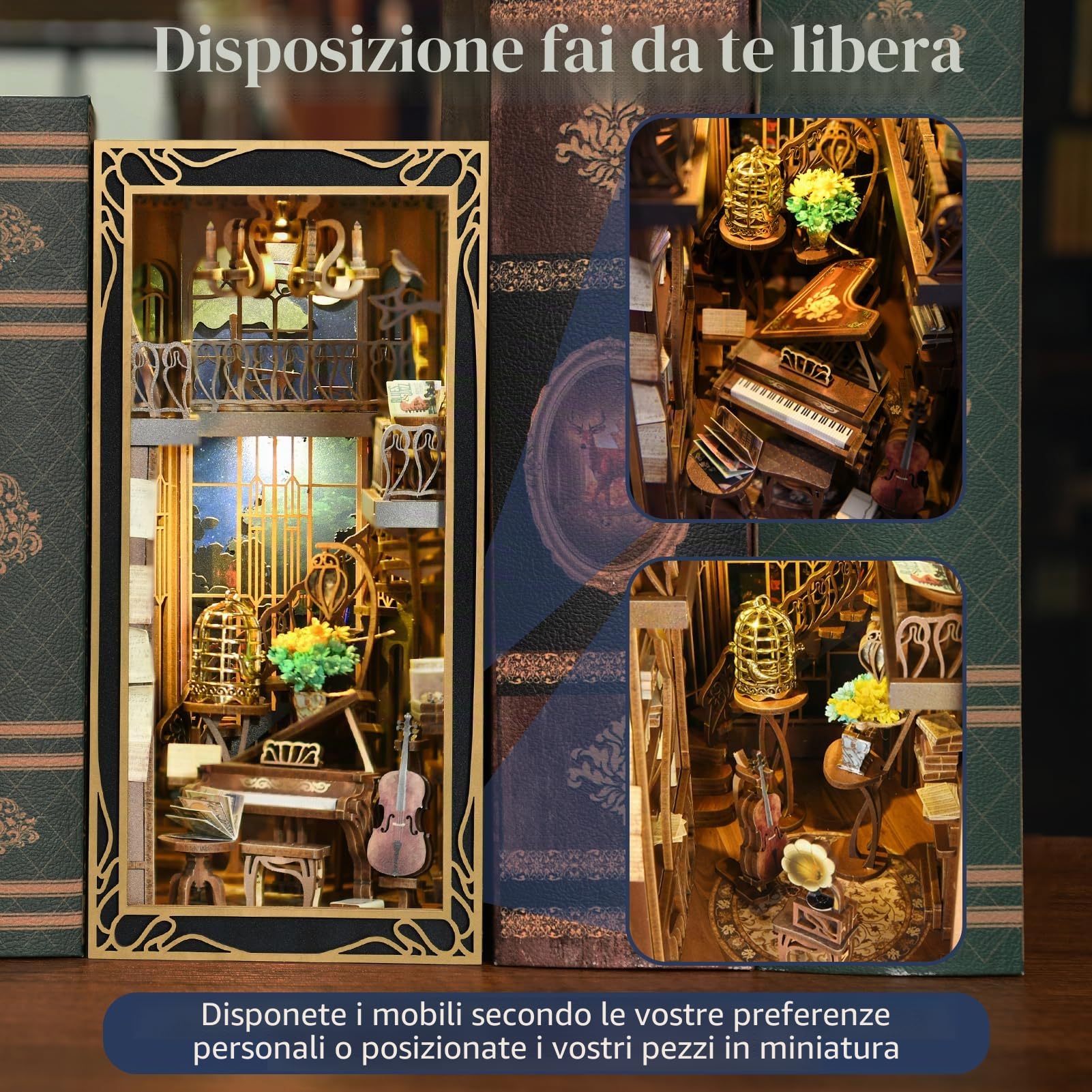 MiniCity Kit per libri fai da te, in miniatura, per casa delle bambole, in legno 3D, per libri e libri, decorazione per ragazzi e adulti (pianista con nightingale)