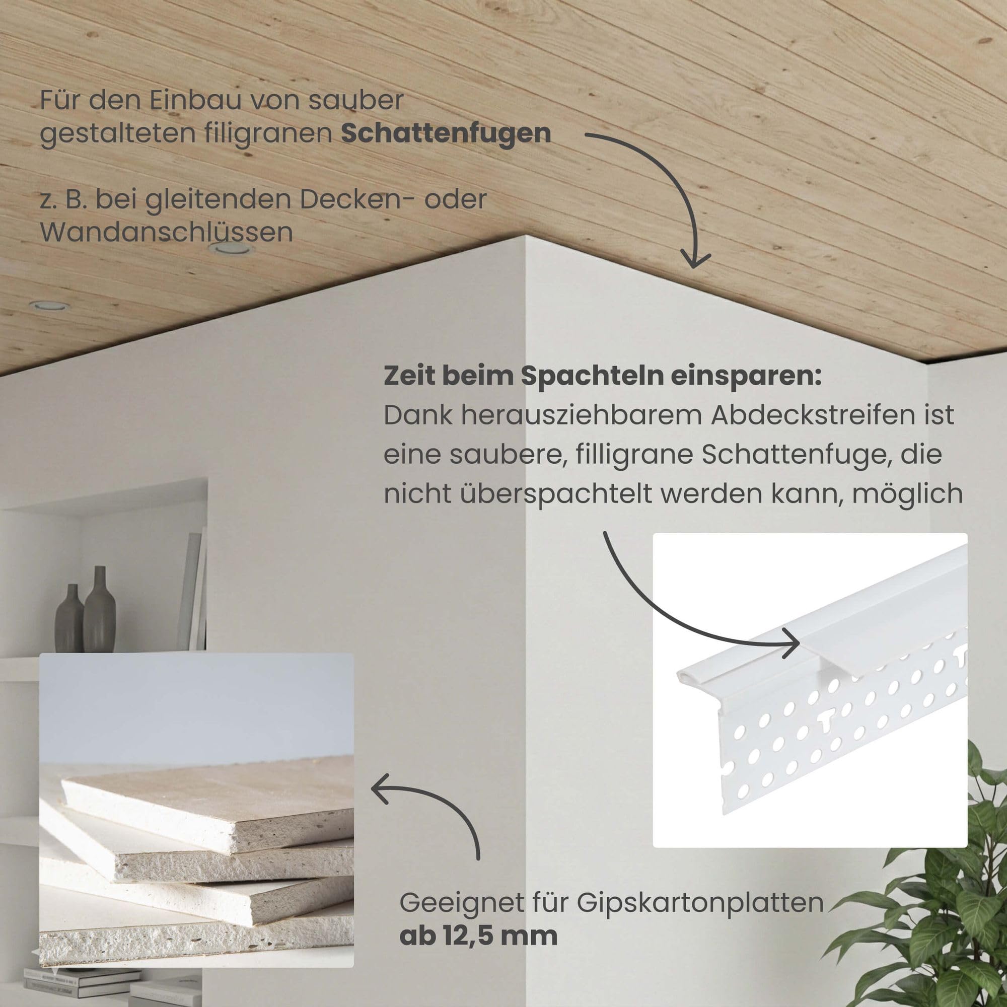 PROTEKTOR 35x Schattenfugenprofil 300cm Weiß | An- und Abschlussprofil 3766 mit Abdeckstreifen, Schattenfuge 3mm, für Gipskartonplatten ab 12, 5mm, PVC