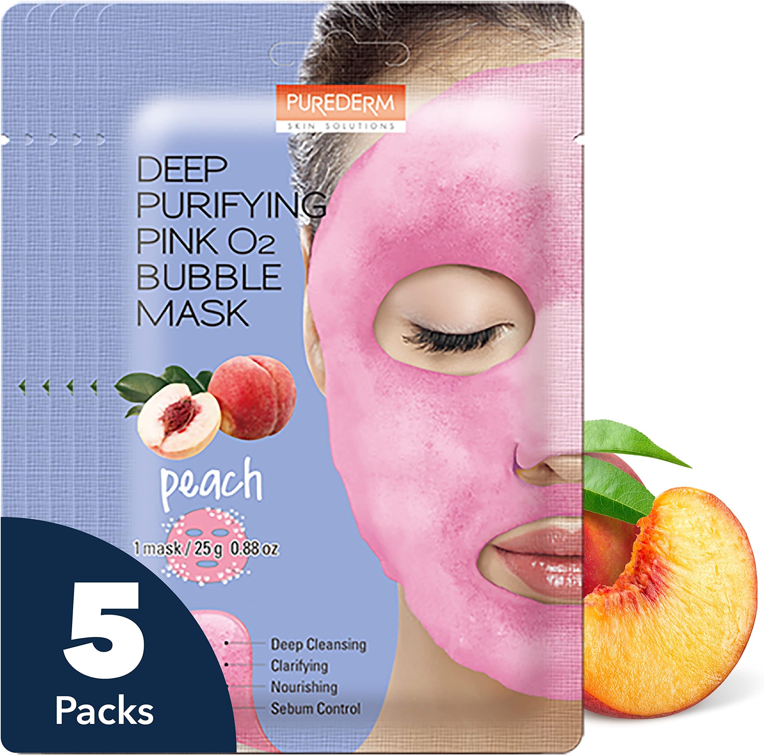 Purederm Deep Purifying Pink O2 Bubble Mask Peach (5 Pack) – Bubble Face Sheet Mask for Purifying & Moisturizing