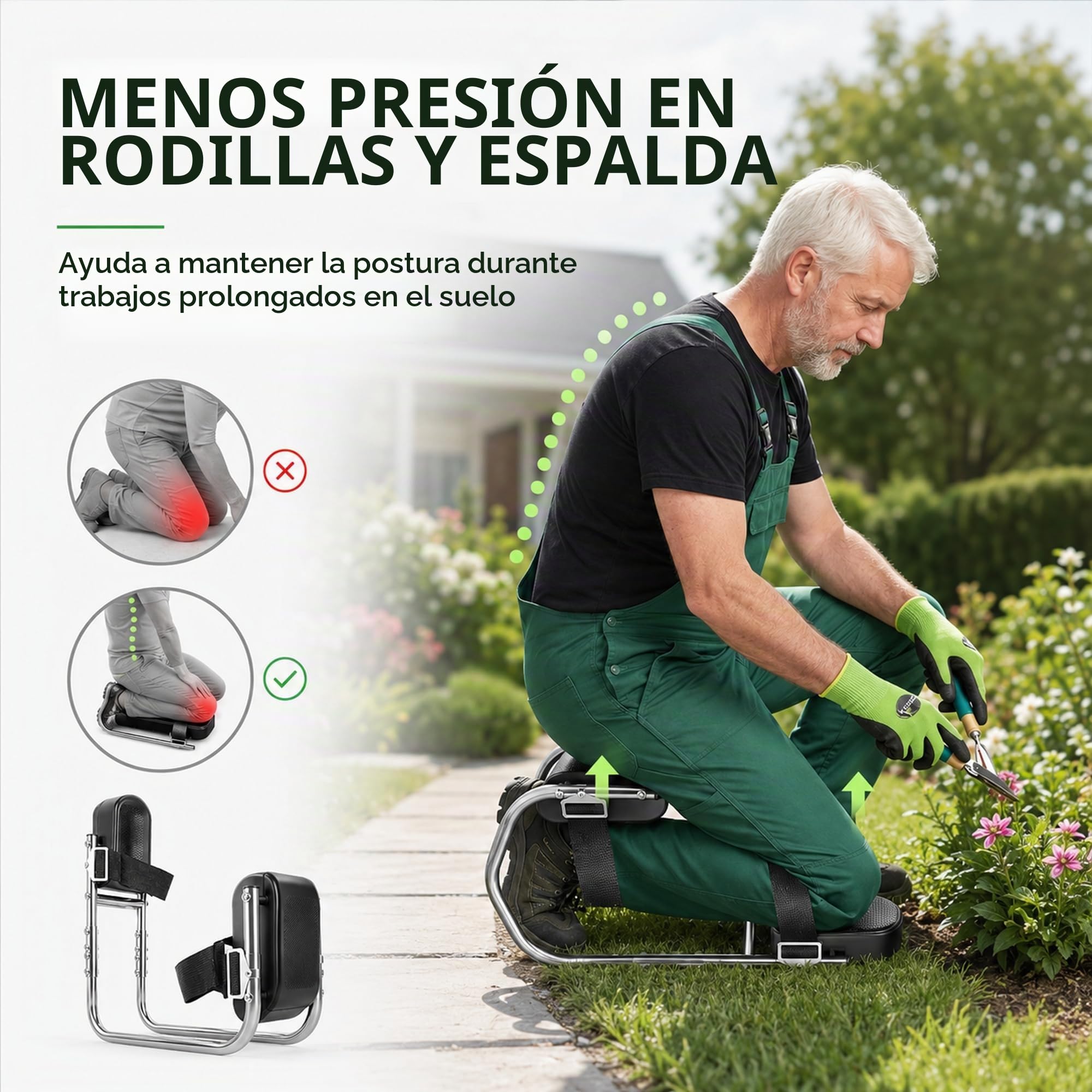 Reposarodillas para jardinería, silla con función de asiento, taburete para rodillas de jardín, ajustable, portátil, cómodo para 160 – 195 cm de altura, protección de rodilla