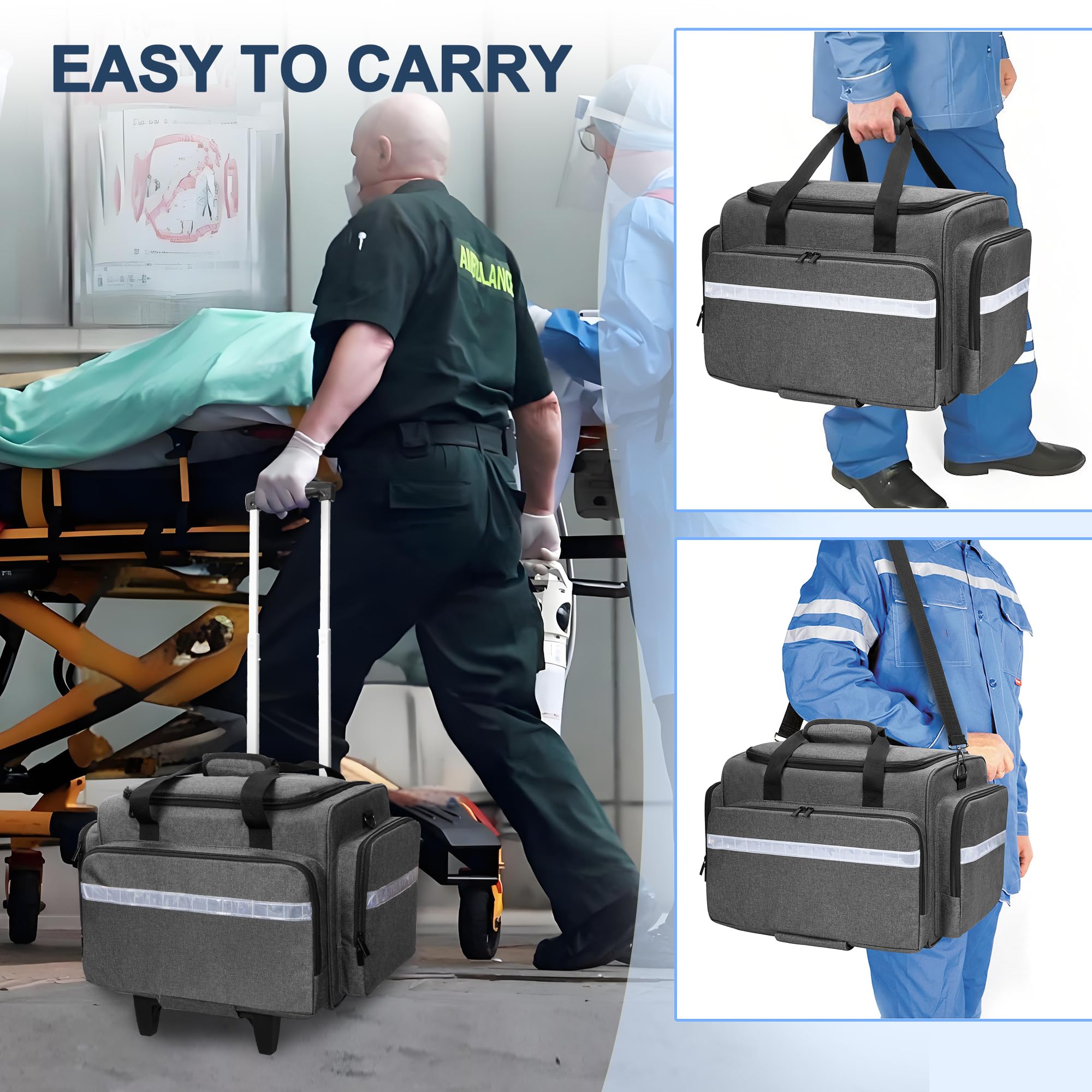 Damero Notfalltasche mit Abnehmbarem Trolley, Arzttasche mit Rollen für medizinische Geräte, Erste Hilfe Tasche für Krankenschwestern, Ärzte, Rettungssanitäter, EMS, Grau