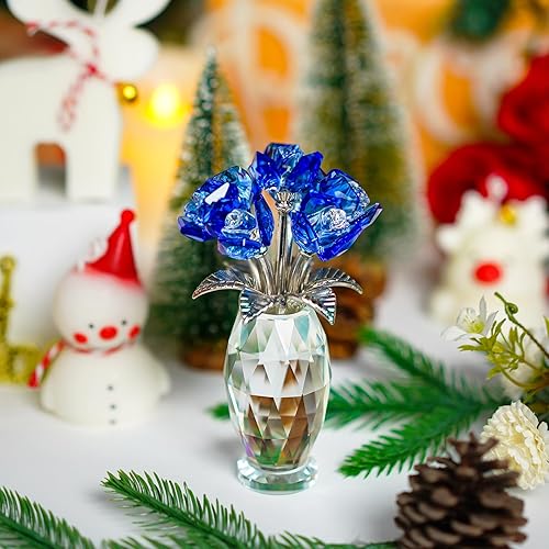 Miniatura 9 de H&D Hyaline&Dora Magnífica figura de rosa de cristal azul, centro de mesa de boda, ramo de flores de cristal, regalo coleccionable para aniversario