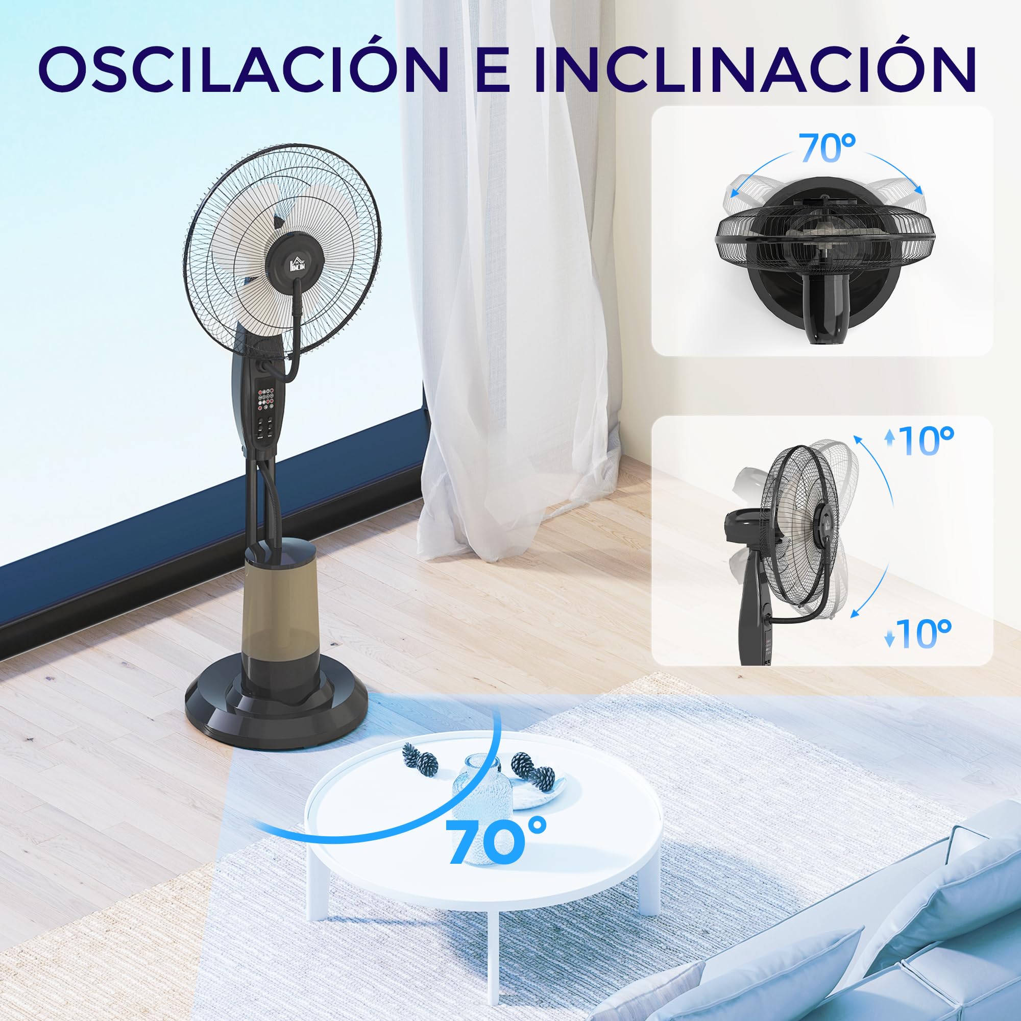 HOMCOM Ventilador Nebulizador de Agua 75 W con Mando a Distancia Ventilador de Pie Oscilante Temporizador Tanque 3,2L 3 Velocidades 3 Aspas y Pantalla LED Ø44,5 cm Negro
