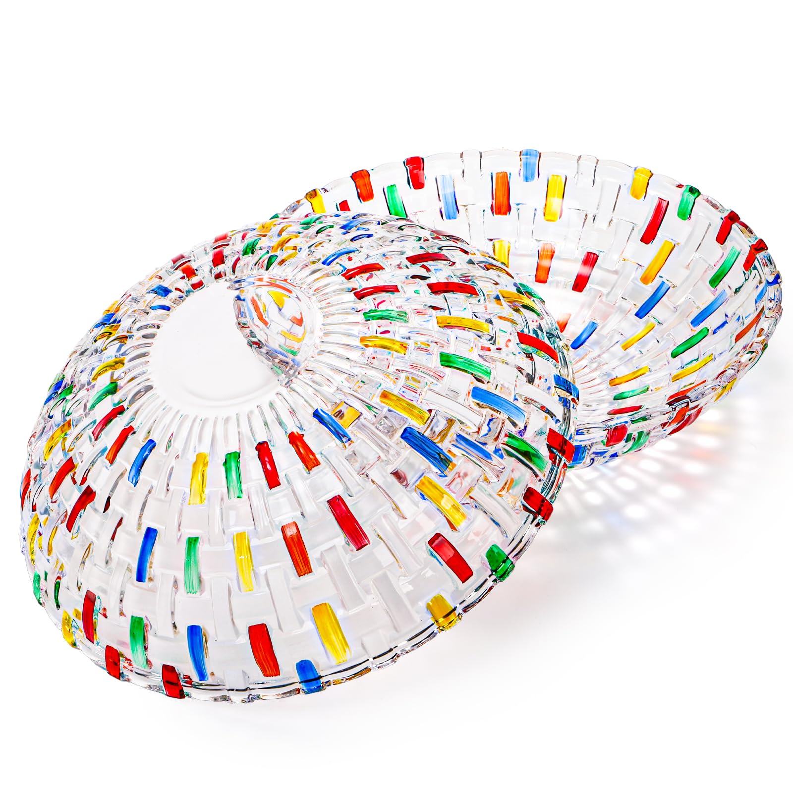 Paquete de 2 cuencos de frutas de cristal coloridos, cuencos de vidrio tejidos pintados a mano de 10 pulgadas, plato grande decorativo para mostrar ensalada, postre, pastel, dulces, aperitivos 5