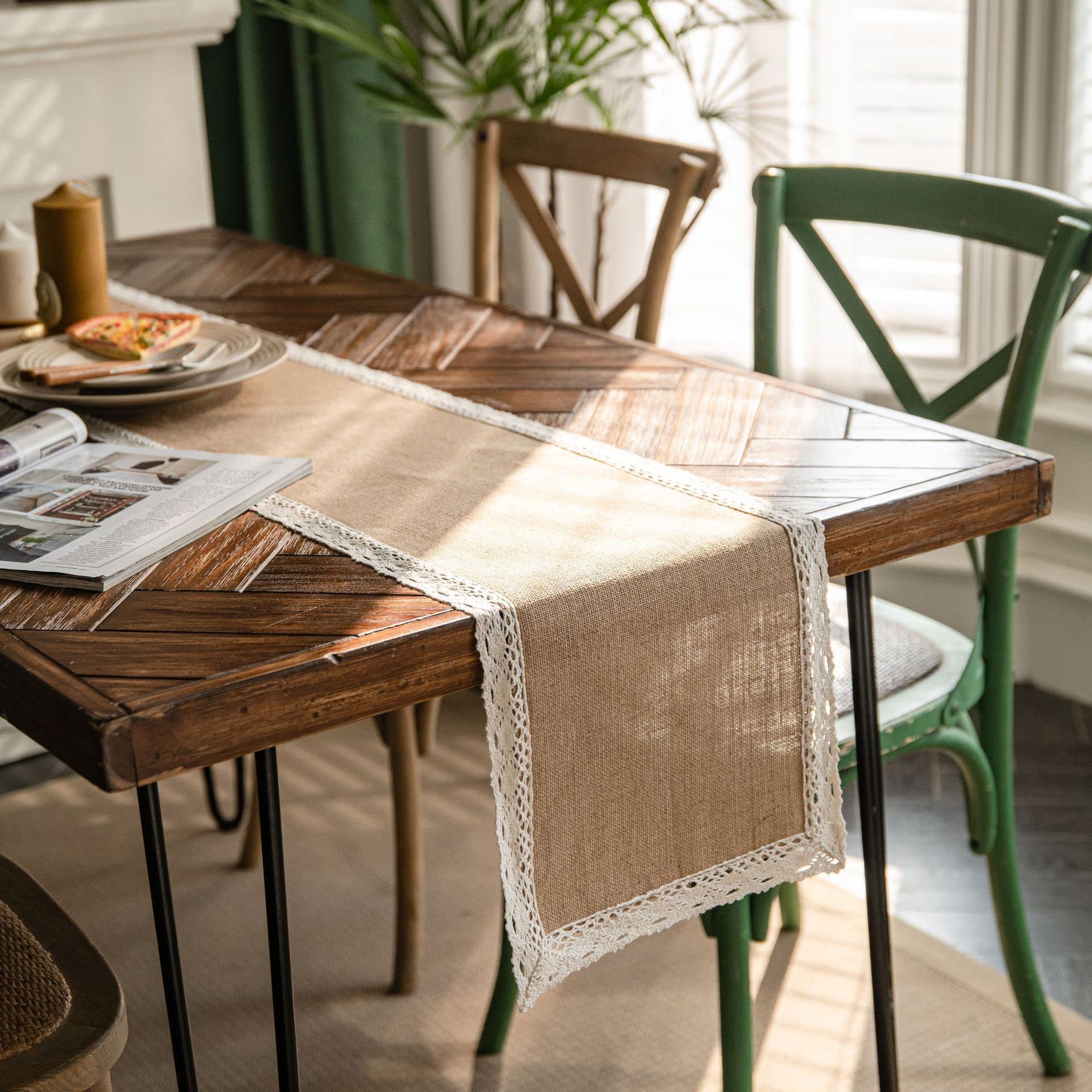 Table Runner Burlap Table Runner Hessian Natural Jute Roll with Lace Farmhouse Decor Woven Fabric Sewed Edge for Wedding Country Placemat(I,30*140cm)
