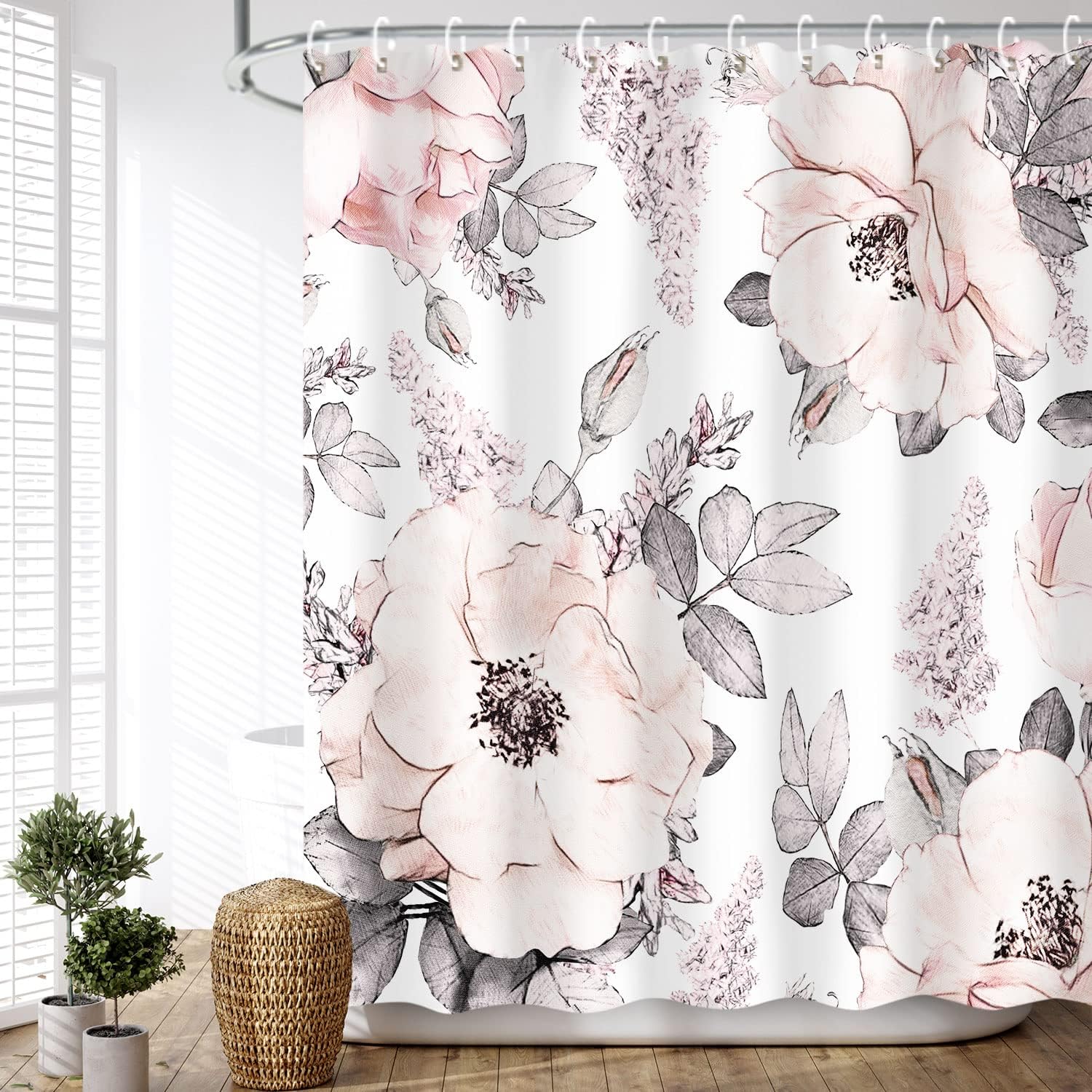 LIVILAN Pink Gray Flower Shower Curtain, Watercolor Floral Shower Curtains with Hooks White Grey Fabric Blossom Bathroom Decor Machine Washable, 72" W x 72" H