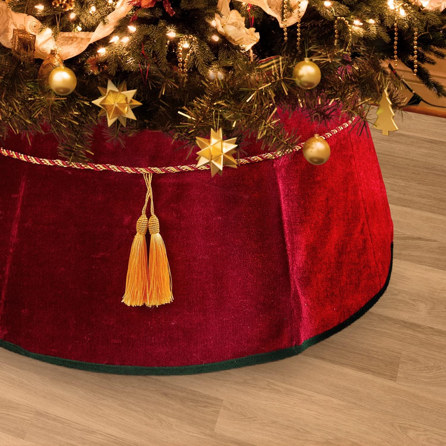 Christmas Tree Collar 25 Inch-Large Burlap Tree Skirt with Tassels, Easy Seat Up,Natural Jute Country Rustic Holiday Indoor/Outdoor Decorations (Red)