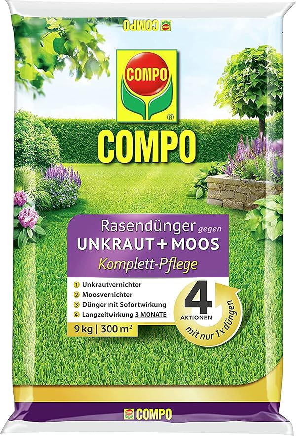 COMPO Rasendünger gegen Unkraut + Moos Komplett-Pflege Rasendünger mit Unkrautvernichter, Moosvernichter, 3 Monate Langzeitwirkung 9 kg, für 300m²