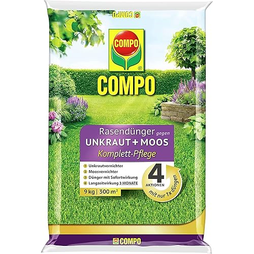 COMPO Rasendünger gegen Unkraut + Moos Komplett-Pflege Rasendünger mit Unkrautvernichter, Moosvernichter, 3 Monate Langzeitwirkung 9 kg, für 300m²