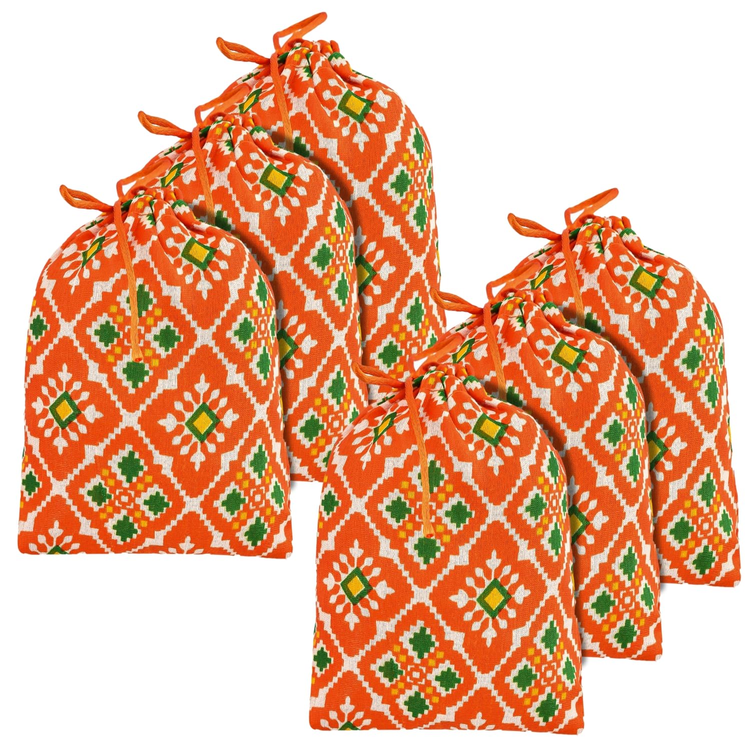 Kuber Industries Potli | Silk Wedding Potli | Drawstring Closure Potli | Wallet Potli | Christmas Gift Potli | Baby Shower Potli | Small-Patola-Print Potli | 5x7 Inch | Pack of 6 | Orange-image-33