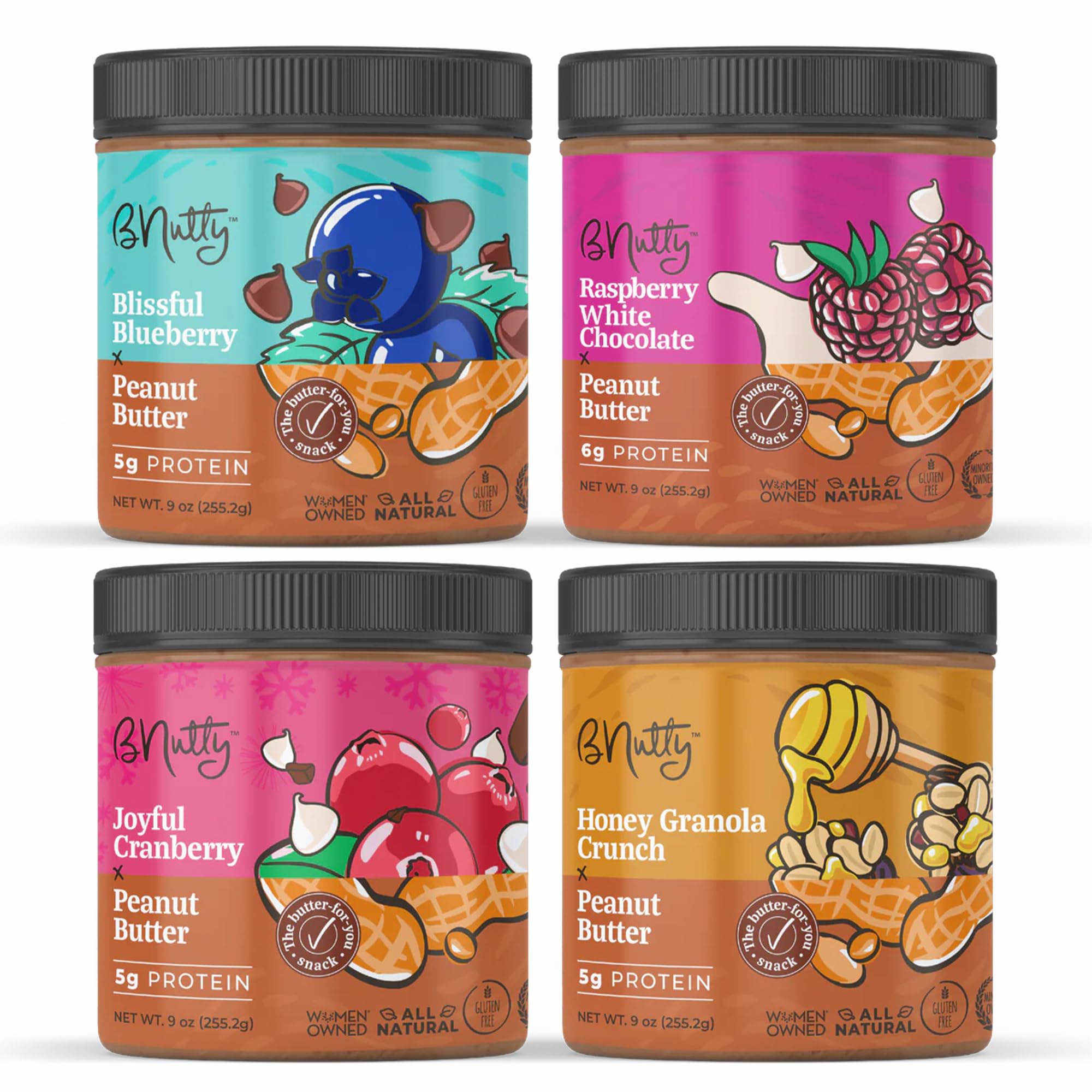 Fruit Lover's Peanut Butter | Gluten-Free, Natural Ingredients | Assorted Flavors, Smooth & Creamy Peanut Butter | Perfect for Spreads & Snacks | Made in USA | 9oz Jars - 4 Packs