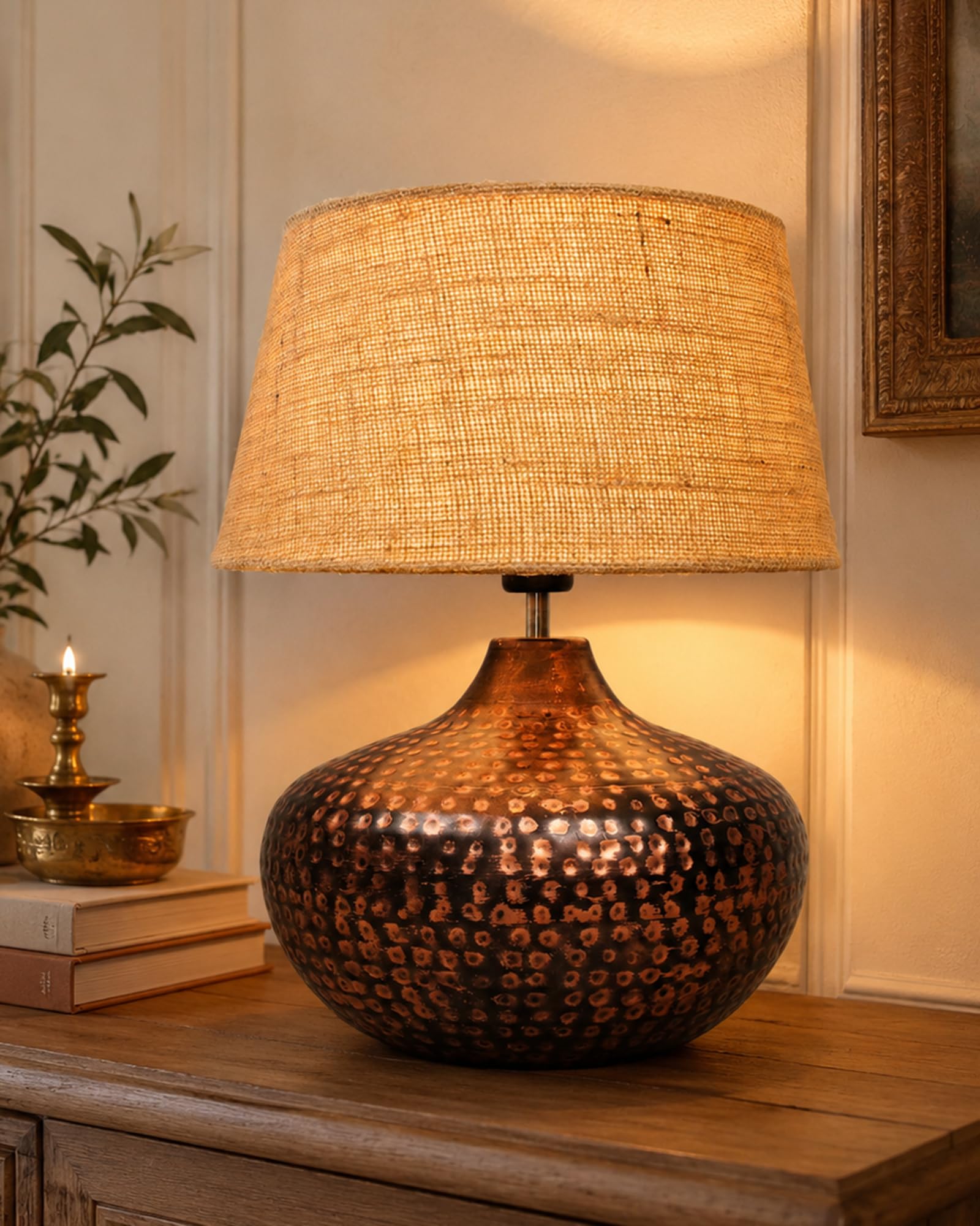 Homesake® Antique Hammered Table Lamp Oil-Rubbed Bronze Metal Linen Drum Shade for Living Room Family Bedroom, (Gourd, Jute)-image-45