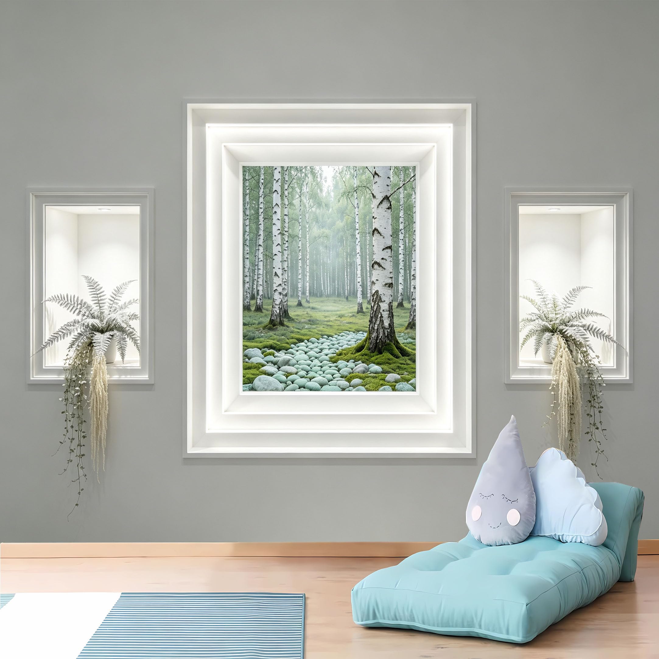 Custom Size Wall Murals 3D Minimalist Niche with Birch Forest and Mossy Stones Realistic Self-Adhesive Wall Fabric (NO PVC) Removable Wallpaper for Living Room
