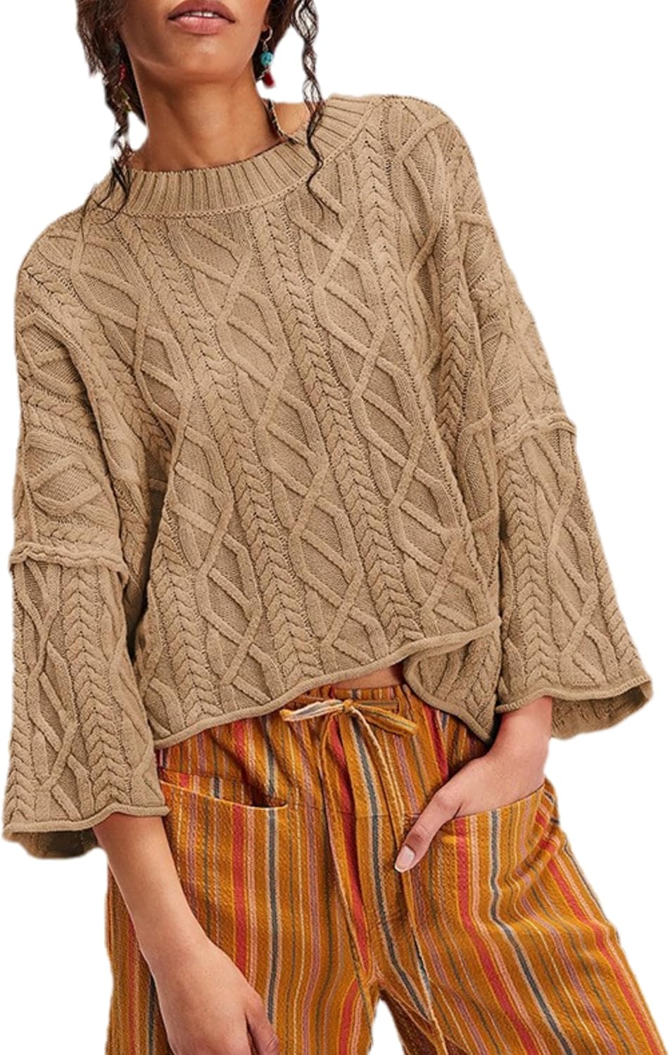 Zontroldy Women's Crewneck Lantern Sleeve Boxy Cable Knit Sweater Cropped Pullover Sweaters Jumper