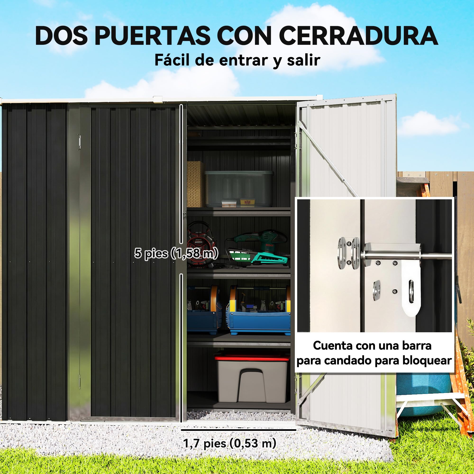 Outsunny Caseta de Jardín Exterior 1,37 m², 163x89x163 cm, Cobertizo de Jardín Exterior Metálico con Techo Inclinado, Puertas con Pestillo y Guantes para Almacenamiento de Herramientas, Gris Oscuro - 5
