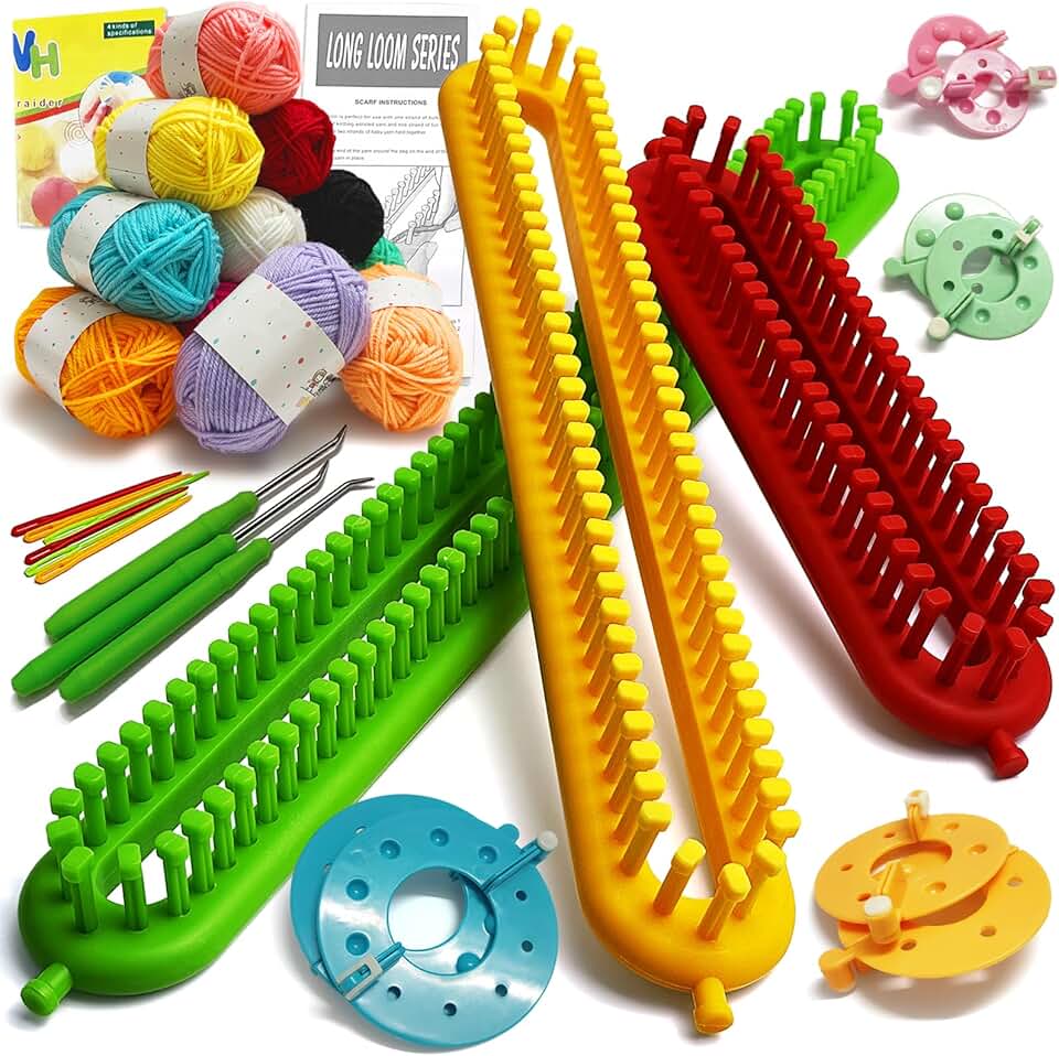 UCDRMA Upgraded Adjustable-Pegs Loom Knitting Kit (Pre-Installed Pegs), 2-in-1 Knitting Loom Set Quick Crochet Loom with 12 Yarn & Instructions & Pom Pom Maker, Scarf Loom Crochet Kit for Beginners