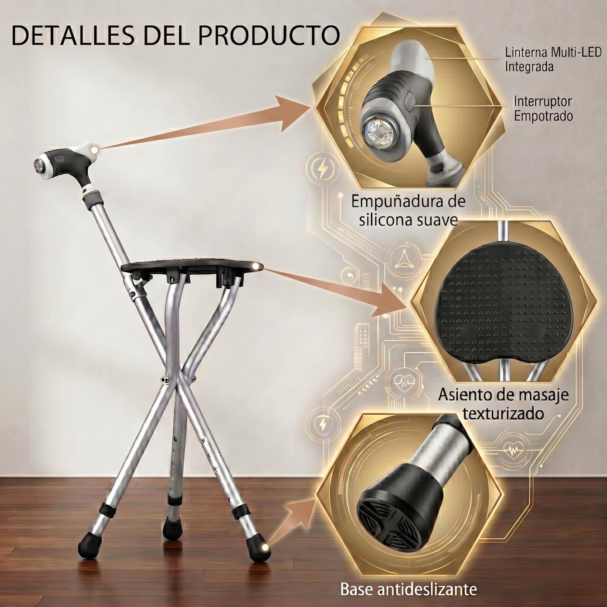 Bastón con Asiento Plegable - Silla portátil Ligera para Descansar piernas y Rodillas, Bastón para Personas Mayores con luz LED y 3 Patas Antideslizantes, Ideal Paseos y Compras, Negro