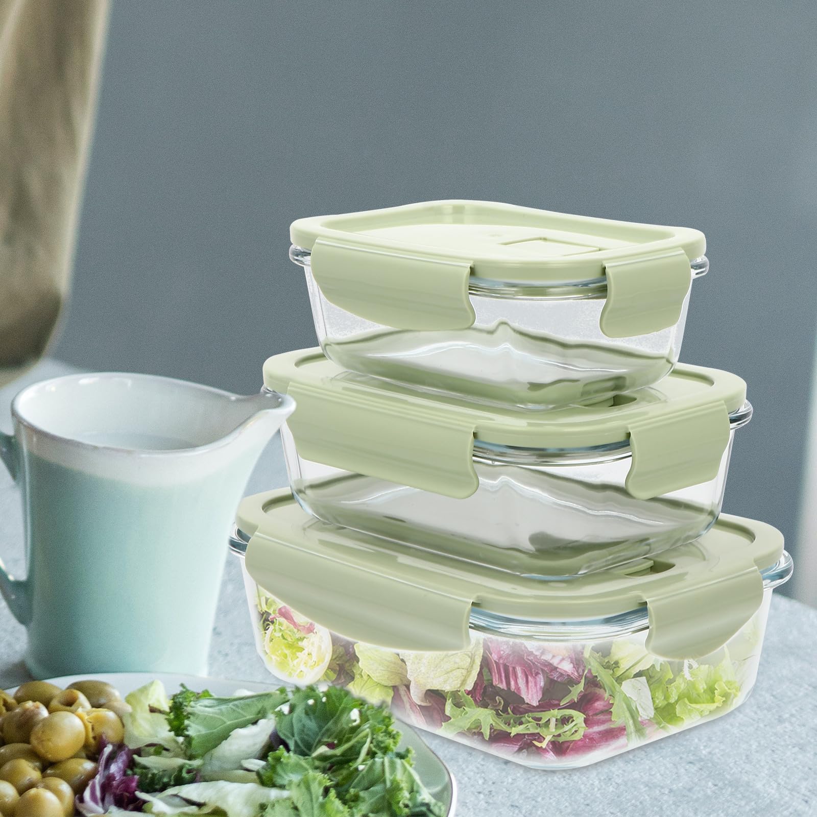 3 Stück Glas Lunchbox mit Pp Deckel Grün, Bento Box | Schulstart Deko, Hidden Vent Loch Design, Easy To Open Cover, für Büro und Reise