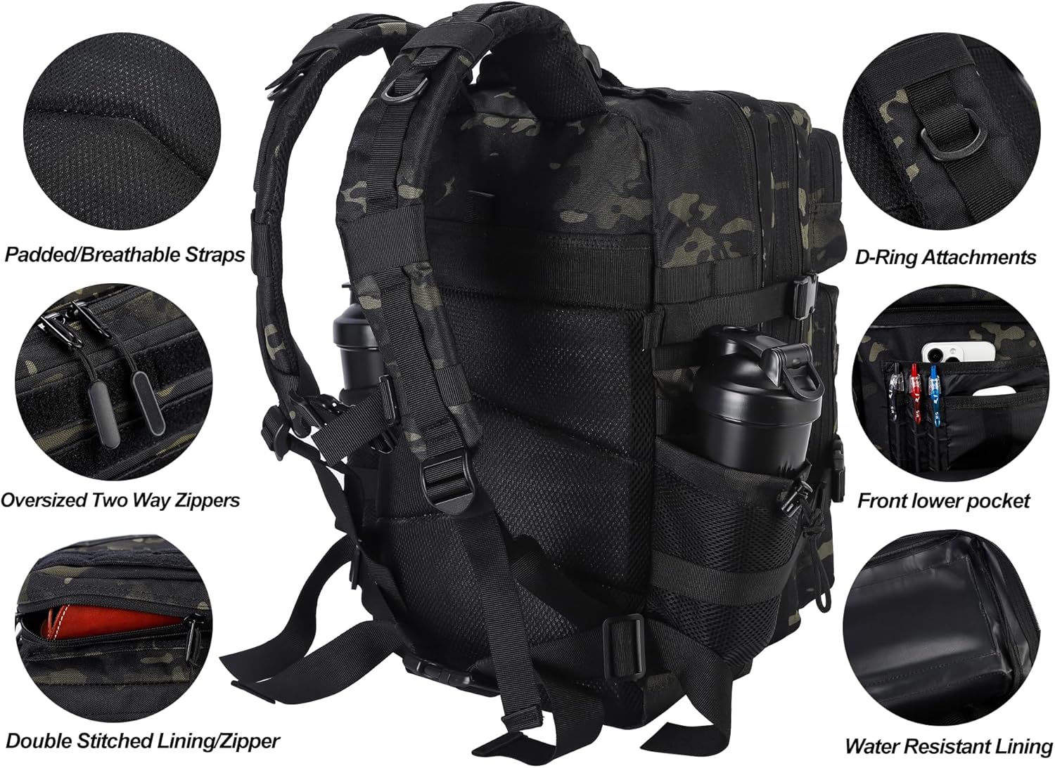LHI Military Tactical Backpack for Men and Women 45L Army 3 Days Assault Pack Bag Large Rucksack with Molle System - Black CP - Image 4