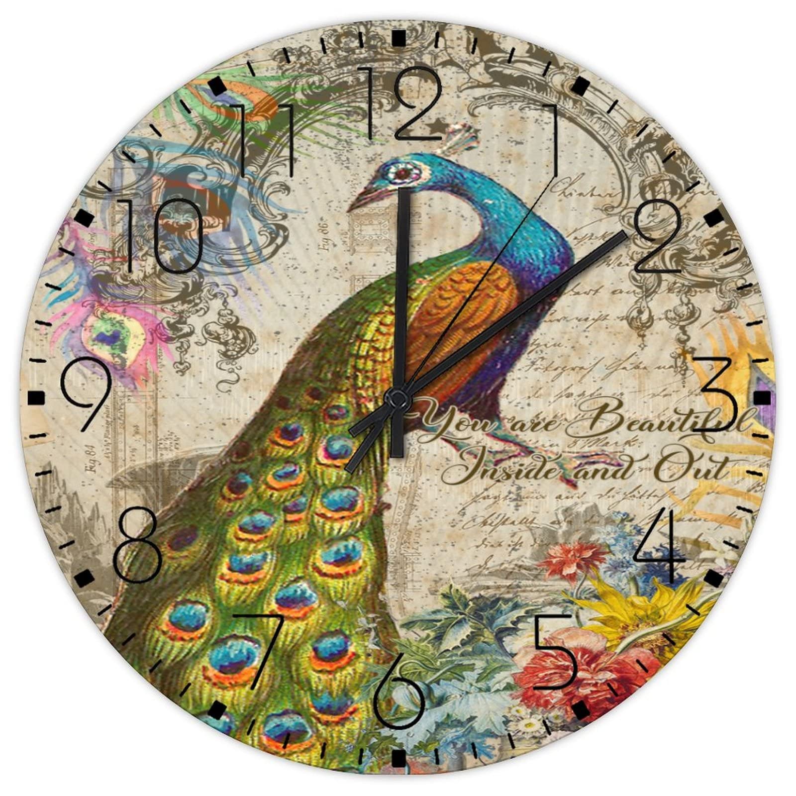 Horloge murale vintage en bois paon, cadeau idéal pour décoration maison