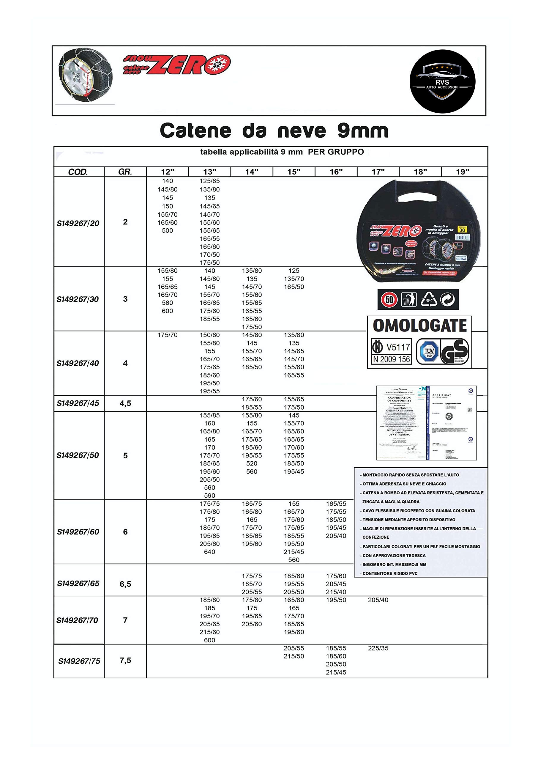 Generico RVS Catene da Neve 9 mm, Misura 175/65 R14 - omologate a Norma di Legge