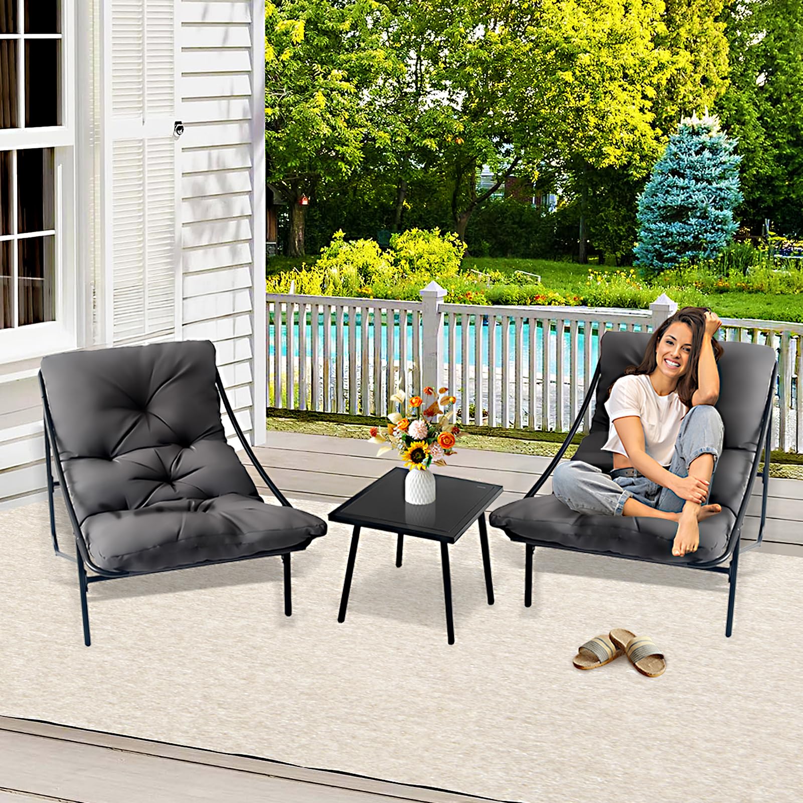 BalkonmöBel Set 3 Teilig, Gartenmöbel Set, Balkonmöbel Kleiner Balkon, Balcony Furniture mit Glastisch & Stahlgestell, Balkon Set 2 Personen, Garden Furniture Sets für Hof, Terrasse, Innen (Grau)