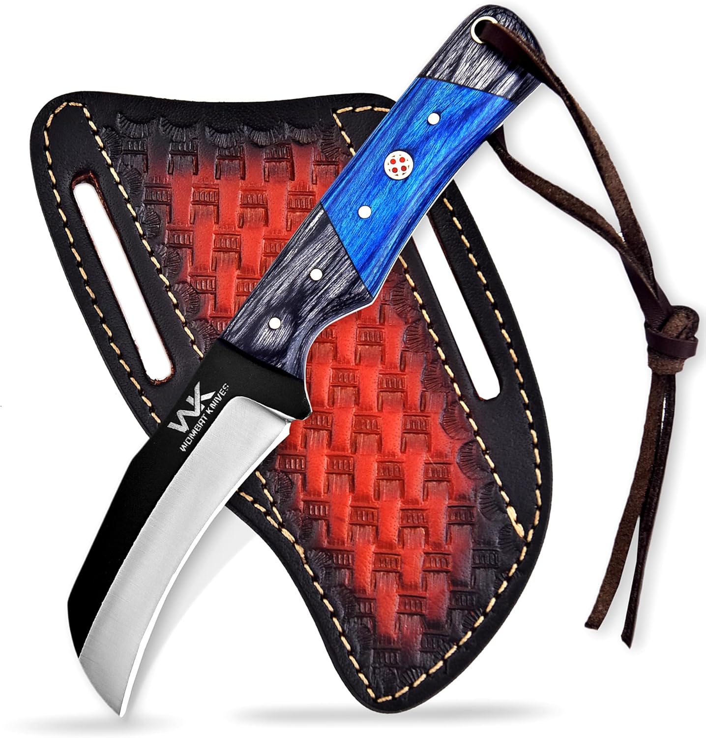 Handmade Lineman tools Hawkbill knife with Leather Sheath,1095 High Carbon Steel Professional Heavy Duty Wire Skinning knife, Utility Fixed blade Electrician tools Knife (Black & Blue Wood)