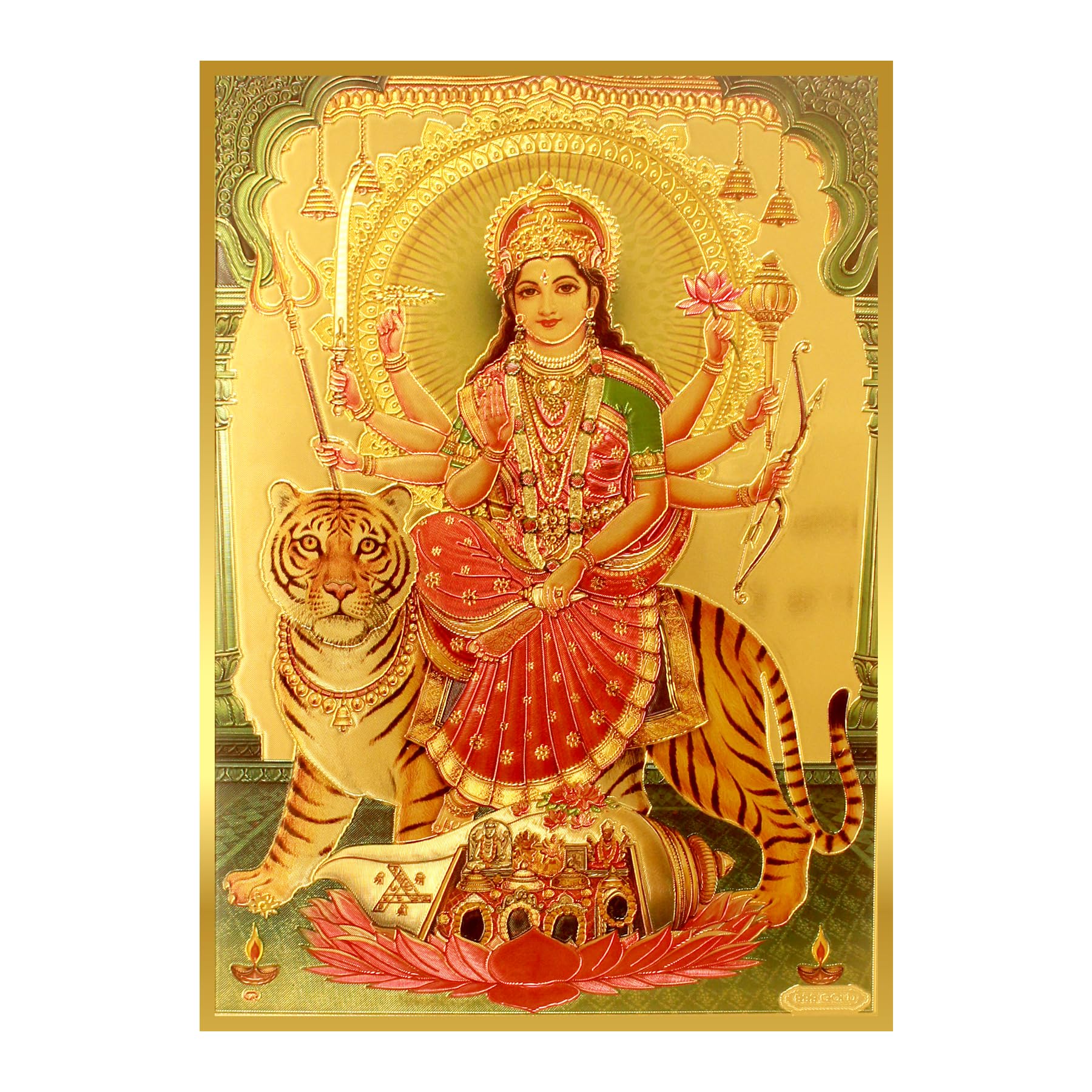 Yogic Mantra Goddess MATA Vaishno Devi Photo Poster (5x7 Inches 24K Gold Plated Foil Paper 180 GSM) Energized Sheran Wali MATA Wall Art Decor Embossed Printing for Diwali Gift Home & Office Mandir