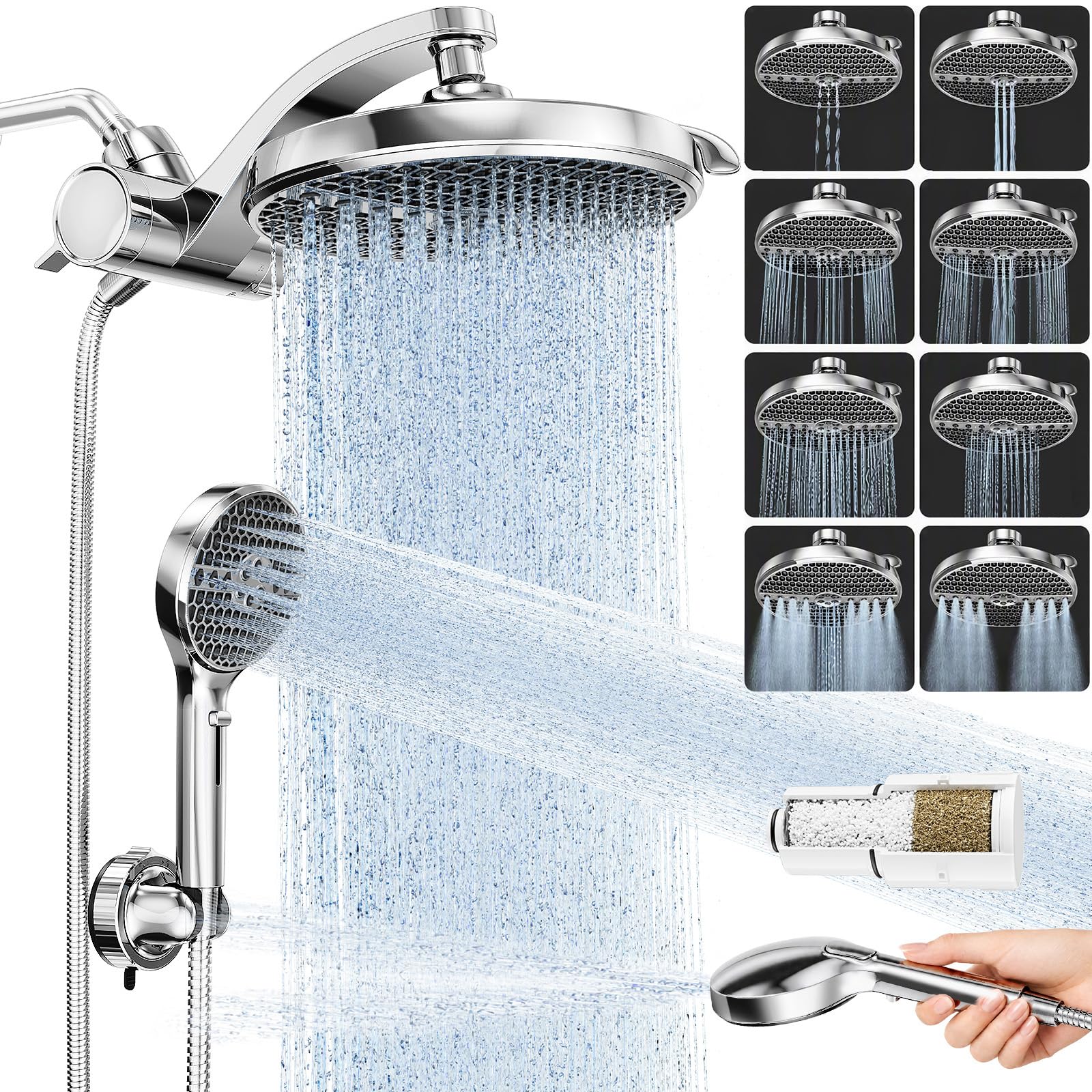 Veken Filtered Shower Head with Handheld, Multi-pattern Rain Showerhead Set