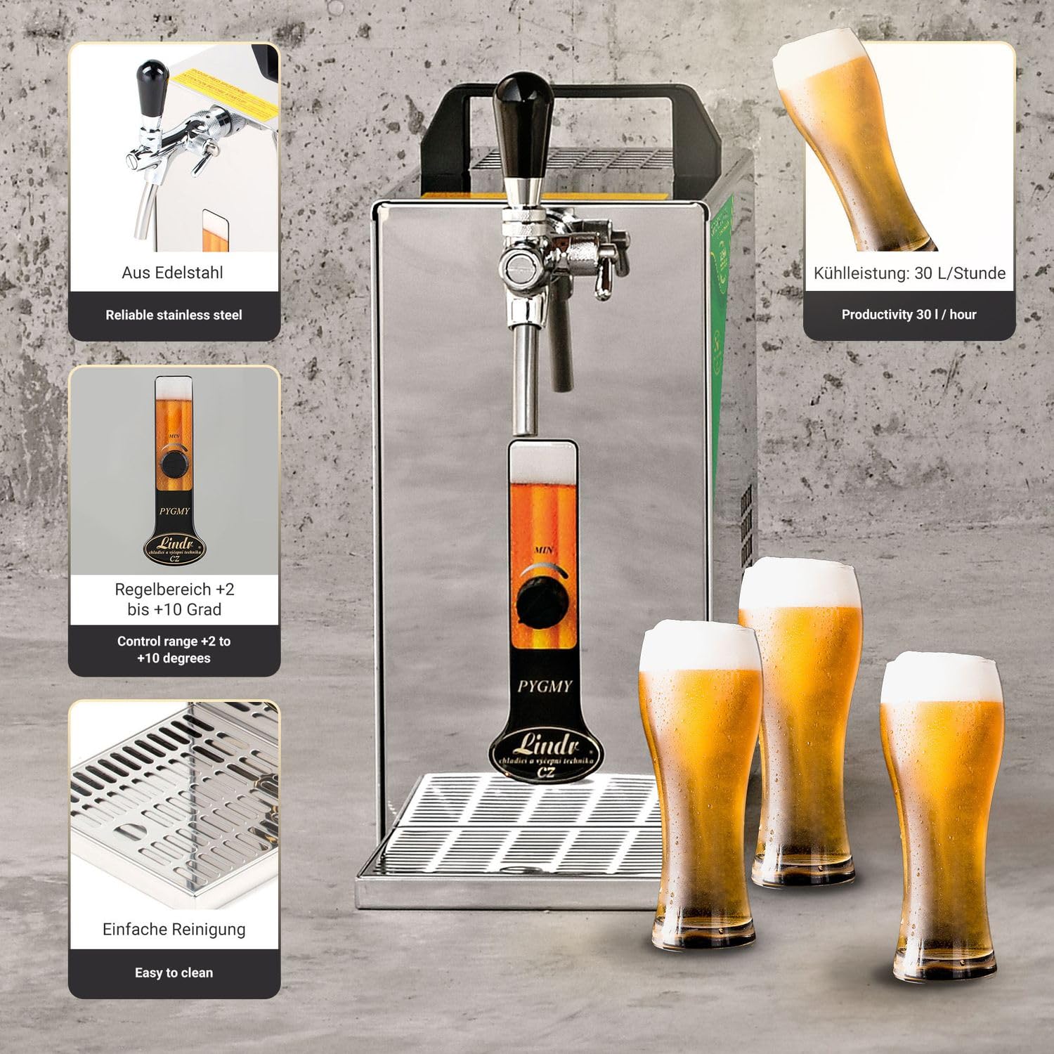 Zapfanlage, Durchlaufkühler Bier, Pygmy 25/K mit Membranpumpe, Bierzapfanlage, Fassbier-Zapfanlage, 1-leitig, 35 Liter/h, Durchlaufkühler Bierzapfanlage, Green Line
