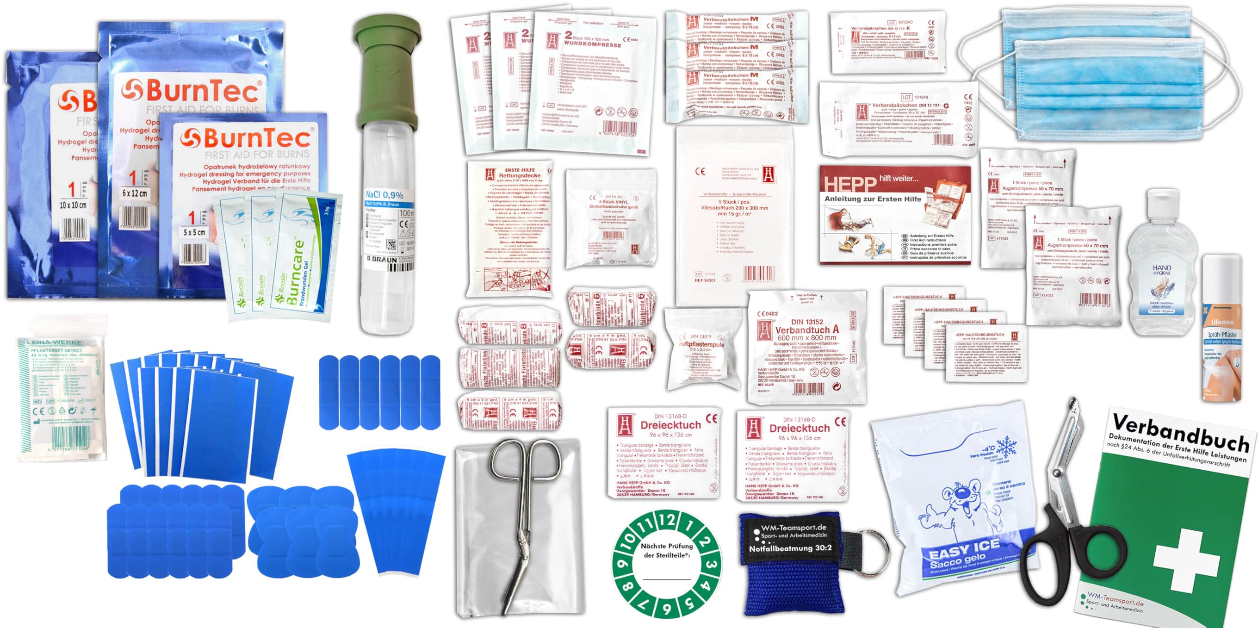 Erste Hilfe FÜLLUNG GASTRO für Betriebe DIN/EN 13157 PLUS 4 INKL. Augenspülung + Kühlgel + detektierbare Pflaster + Hydrogelverbände + Hygiene-Gel & SPRÜHFPFLASTER