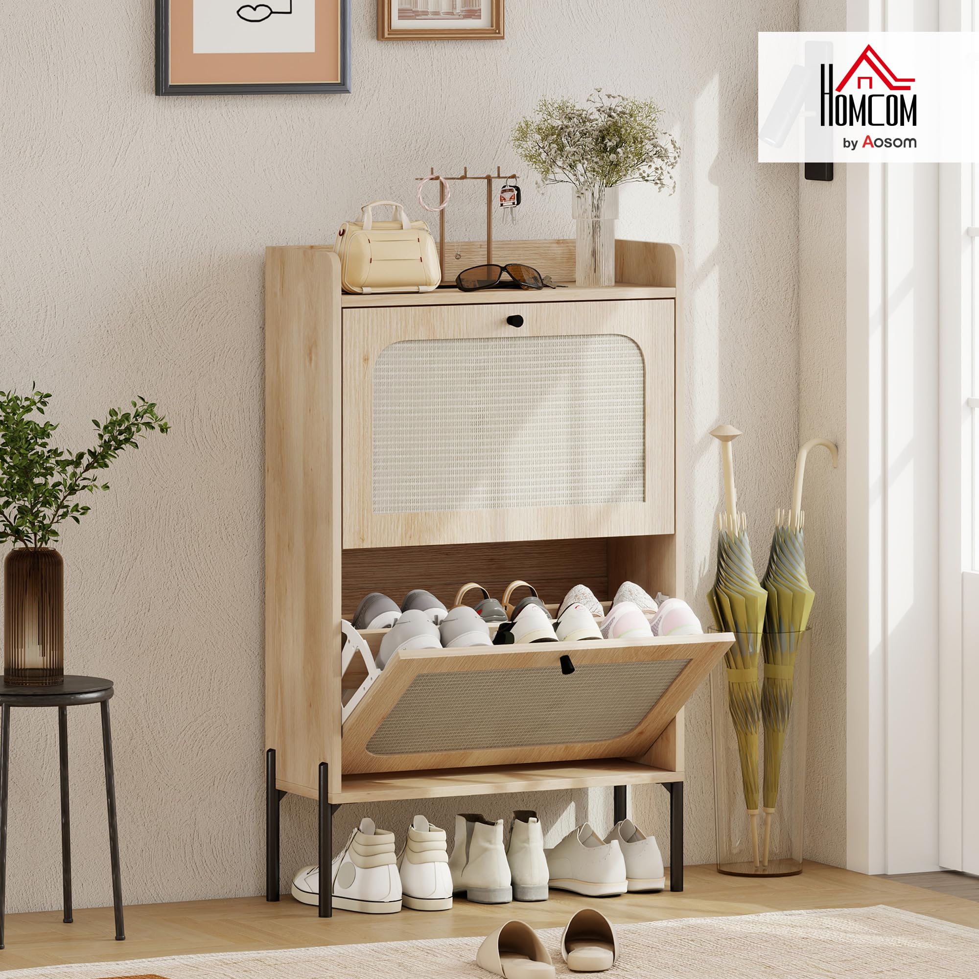 HOMCOM Shoe Cabinet with 2 Flip Drawers, Narrow Shoe Storage Cabinet with Adjustable Shelves, Raised Tabletop, Rattan Accent, Boho Storage Organizer for Entryway, Hallway, Holds 8-12 Pairs, Oak - 2