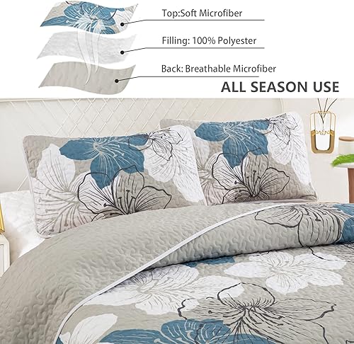 Miniatura 4 de Juego de edredón floral de 2 piezas tamaño individual, juego de edredón floral azul bohemio, de microfibra suave, ligera, color gris, colcha