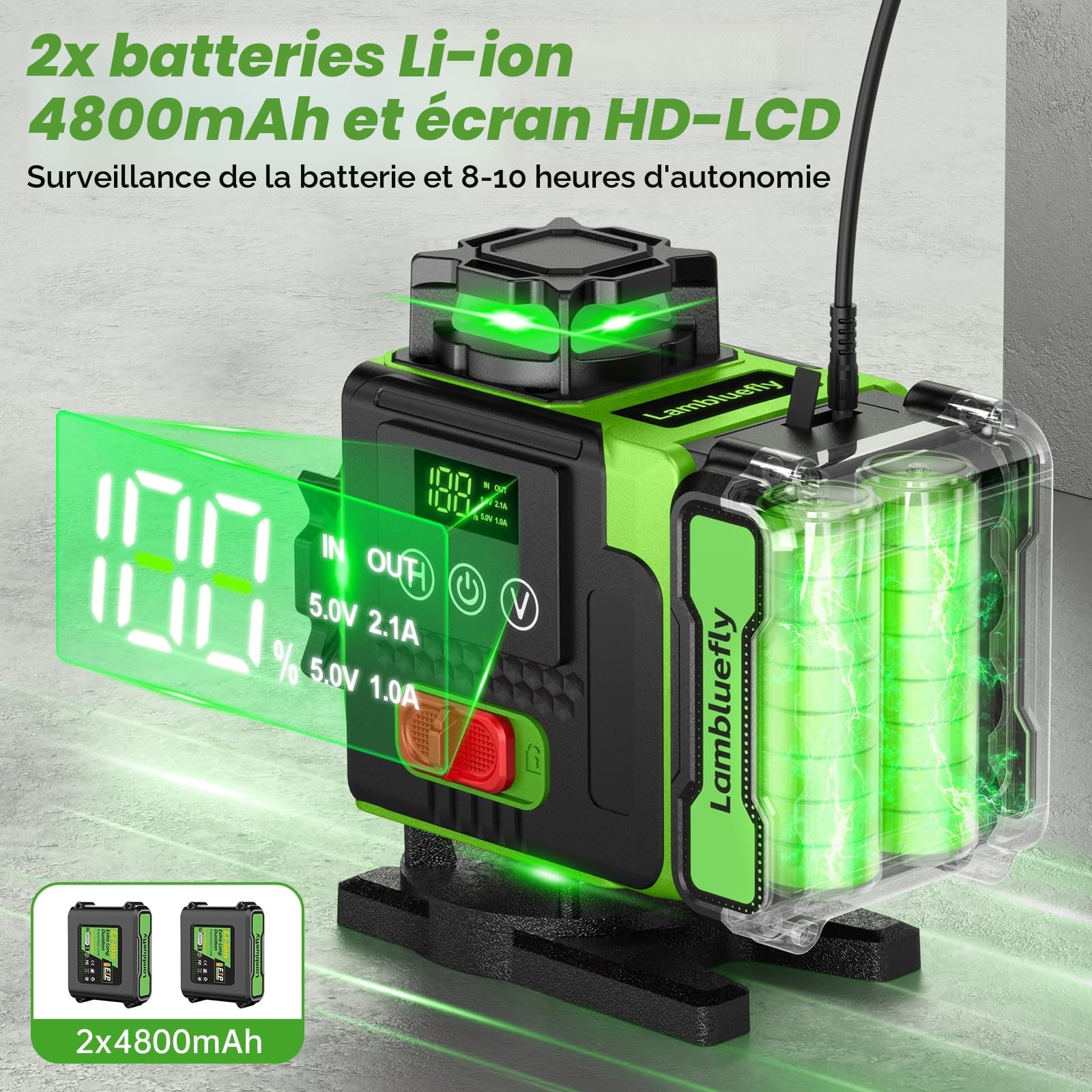 Niveau Laser avec Trepied 4 x 360°, 4D 16 Lignes Laser Chantier avec 2 x 4800mAh Batterie & Affichage LED, Niveau Laser 360 Autonivelant, APP, Télécommande, IP54 Étanche et Anti-Poussière