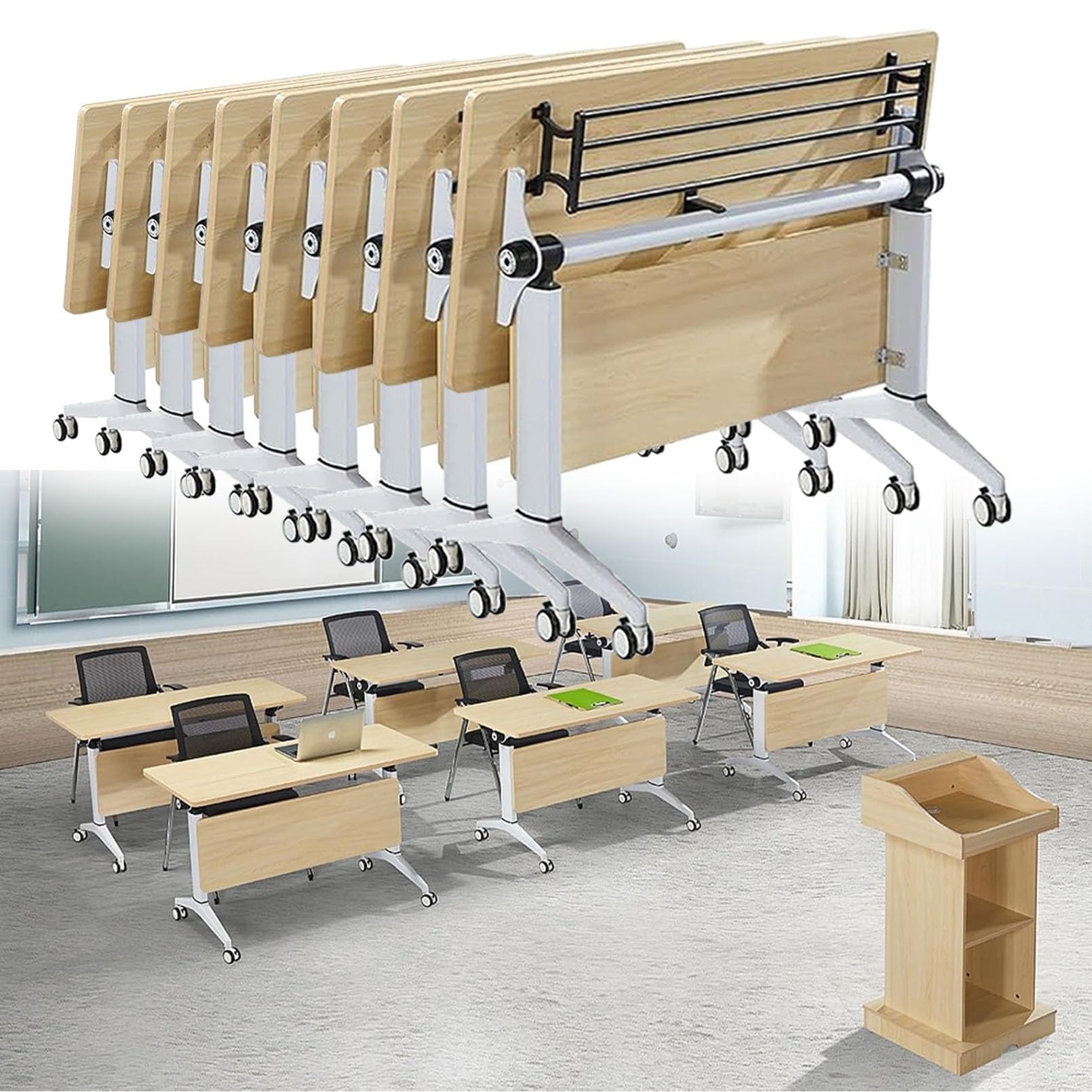 Tavolo da formazione pieghevole multiuso – Piano ribaltabile, 4 ruote piroettanti, acciaio laminato a freddo resistente – Tavolo da seminario pieghevole per sala riunioni, sessioni di formazione, sp