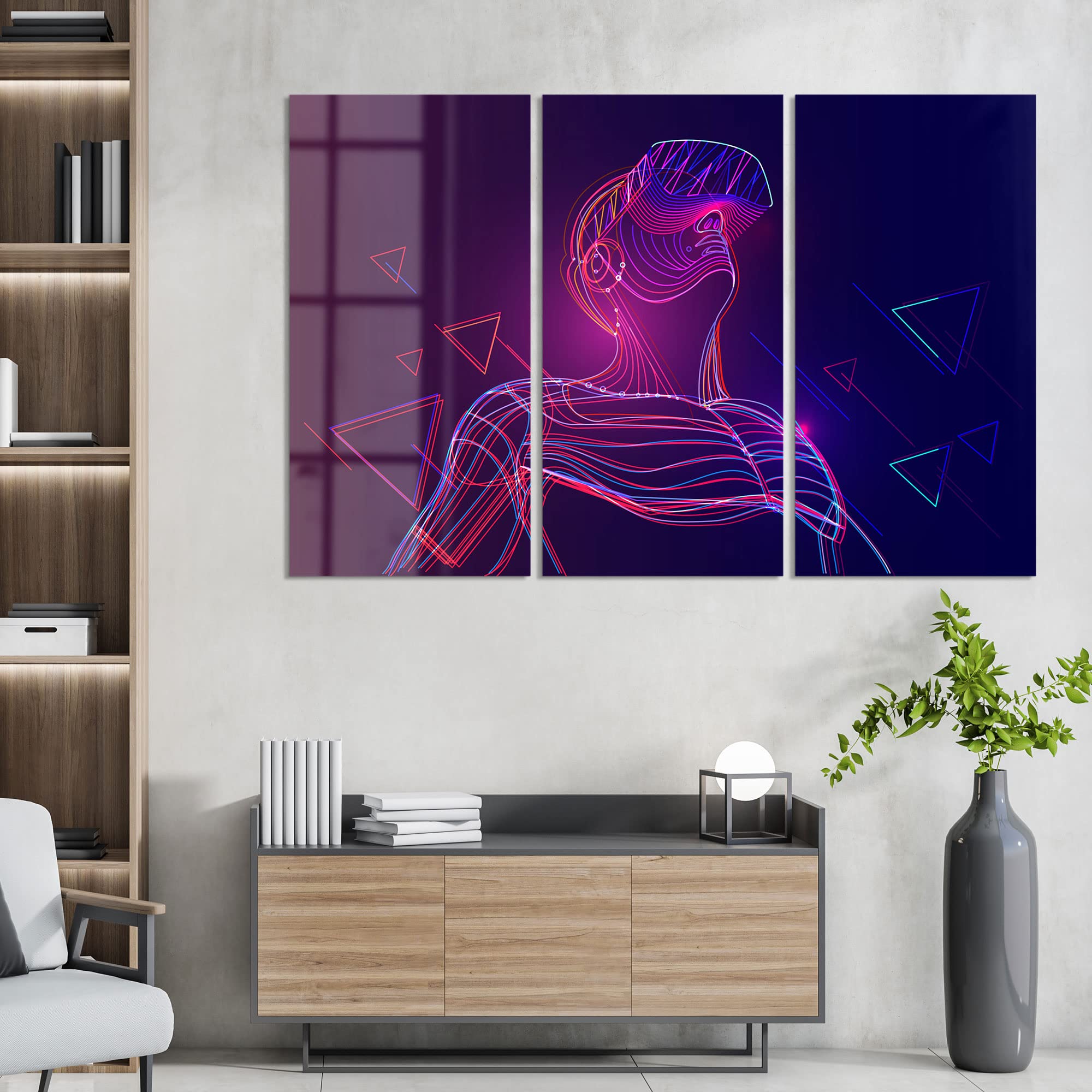DEQORI Obrazy na szkle z prawdziwego szkła, motyw "mężczyzna z okularami VR", poziome, 3-częściowe, 150 x 100 cm, duża dekoracja XXL, obrazy ścienne do salonu, sypialni, przedpokoju i kuchni, nowoczesna dekoracja ścienna
