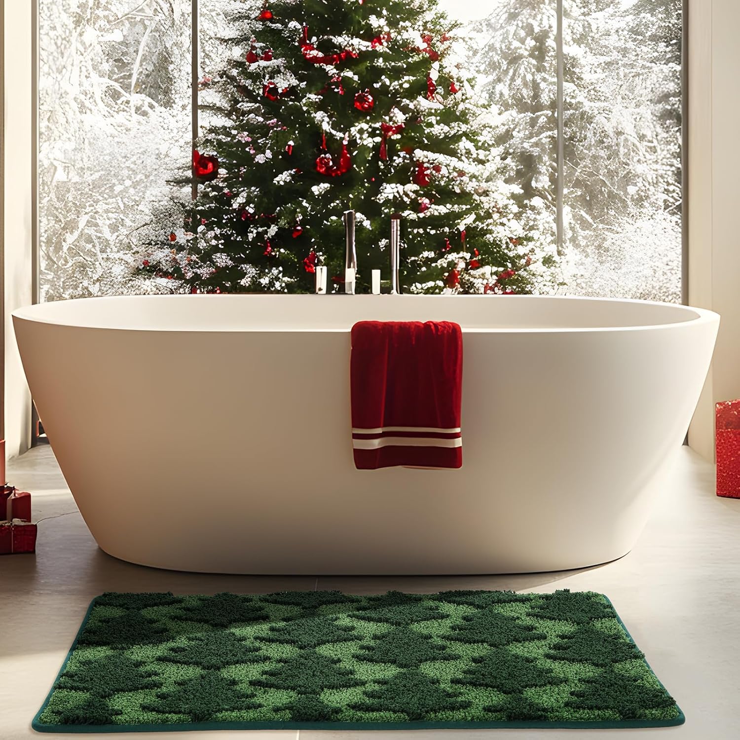 Moutina 3D Christmas Tree Bathroom Rugs 20x32 Inch, Soft and Absorbent Tufted Winter Green Bath Mat Non Slip Washable, Christmas Bathroom Decor Rug Winter Decorations