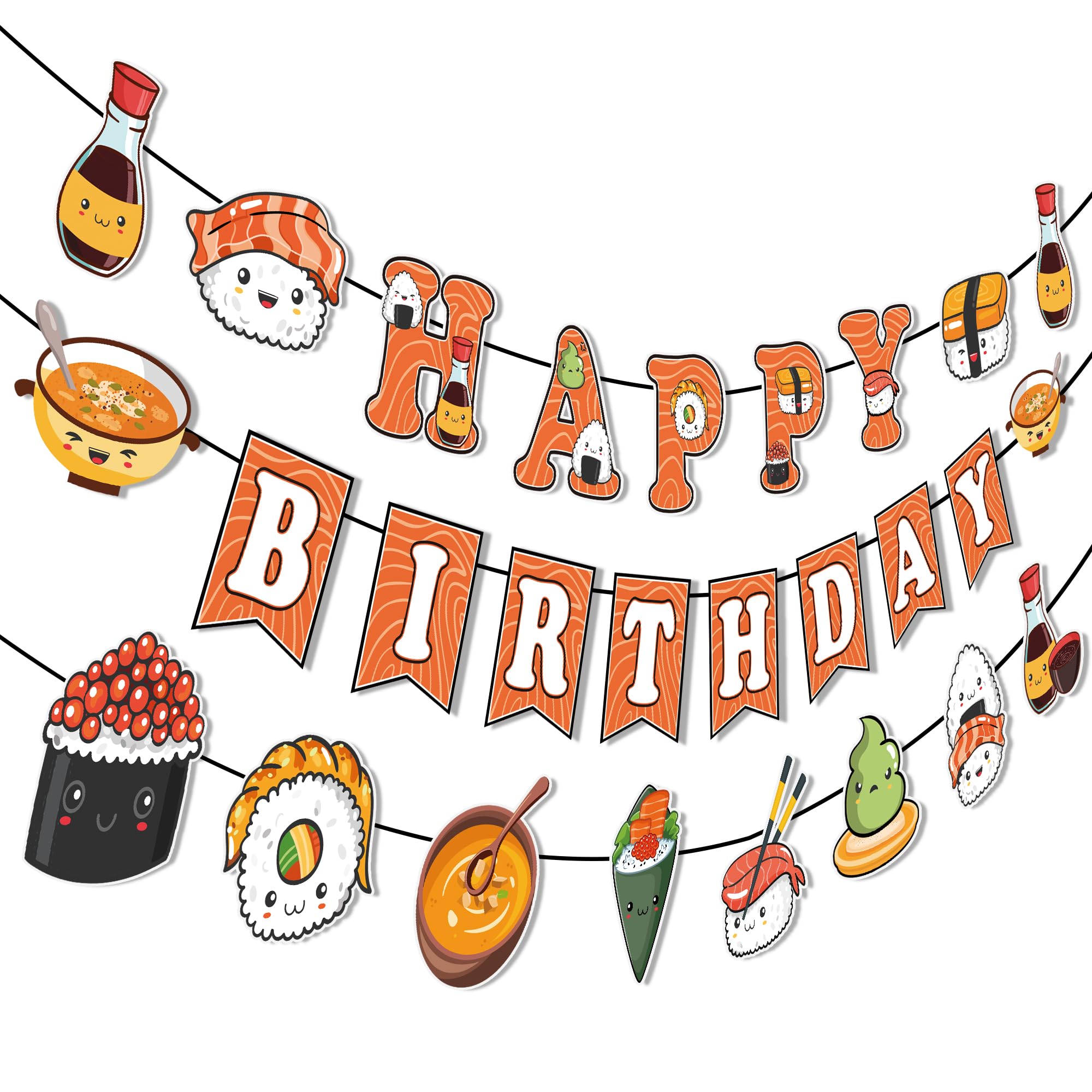 Pancartas de sushi con texto en inglés «Happy Birthday» – 3 unidades de guirnaldas de sushi japonesas, decoraciones de fiesta de sushi japonés, suministros para fiestas de cumpleaños con temática de