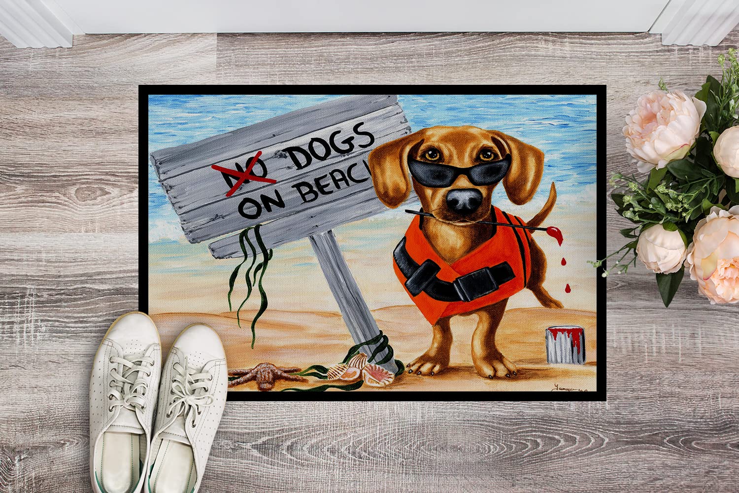 Caroline's Treasures AMB1341JMAT The Dog Beach Dachshund Doormat 24x36 Front Door Mat Indoor Outdoor Rugs for Entryway, Non Slip Washable Low Pile, 24H X 36W