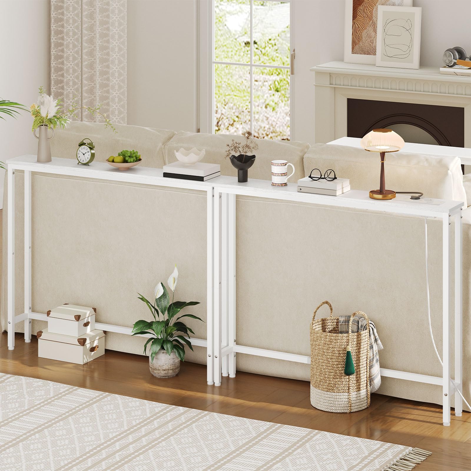 HOOBRO Mesa de Consola Estrecha de 100 cm, Mesa de Entrada con Enchufe Múltiple, para Colocar detrás del Sofá, para Sala de Estar, Pasillo, Marco de Metal, Blanco EWW52CXG01G1