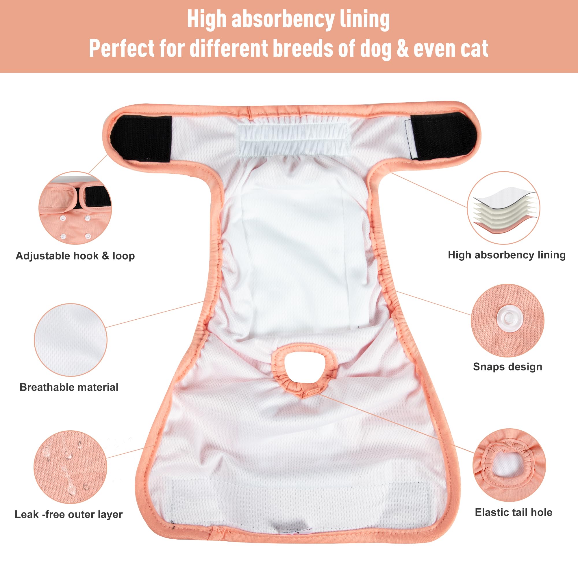 Paquete de 3 pañales reutilizables para perras, pañales lavables para perros, pañales altamente absorbentes para perros, falda ajustable a prueba de fugas para cachorros, para calor,