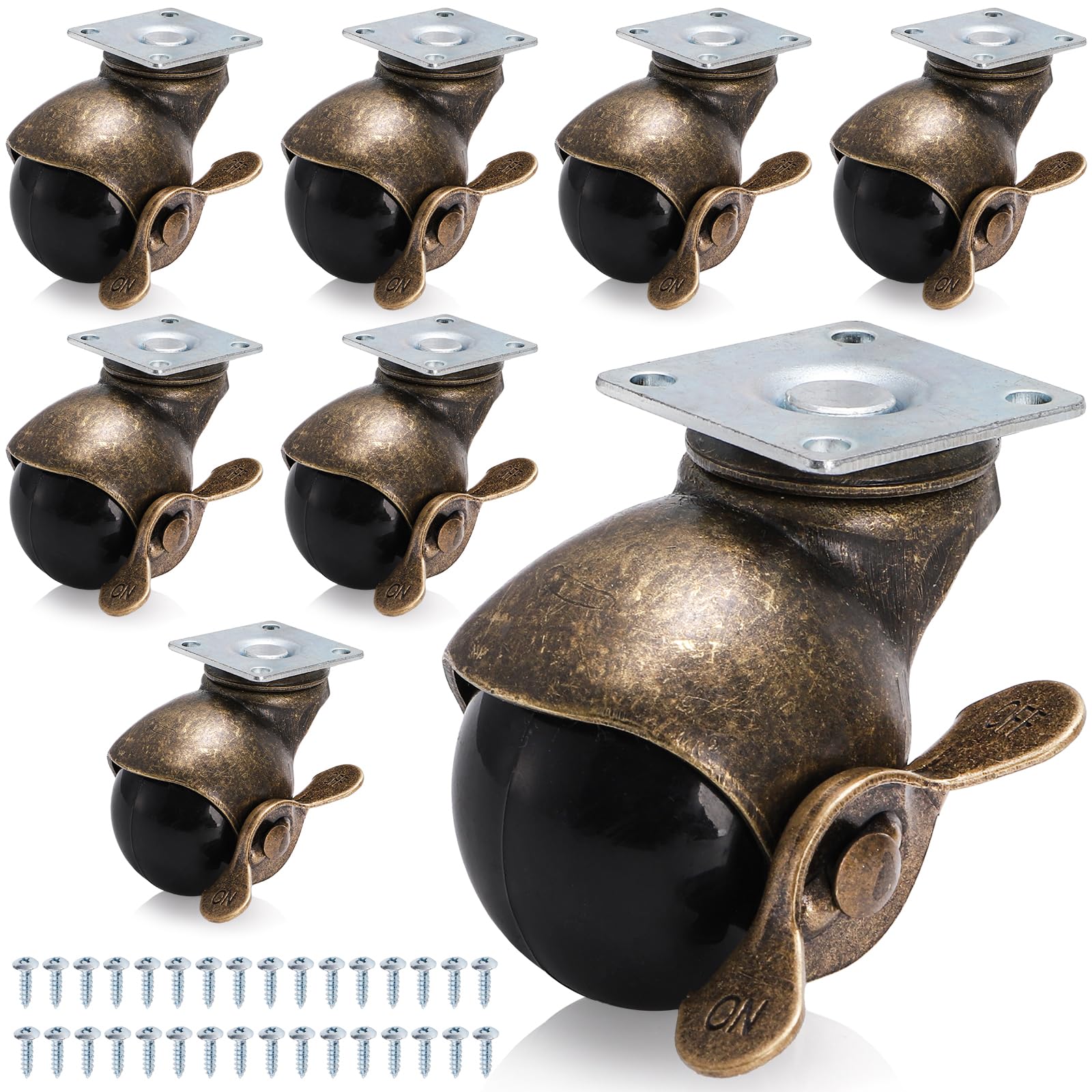 Goaste 8 Pack 2 Inch Ball Caster Wheels, Antique Brass Swivel Casters with Brakes, Vintage Spherical Ball Casters with Sockets, 360 Degree Caster