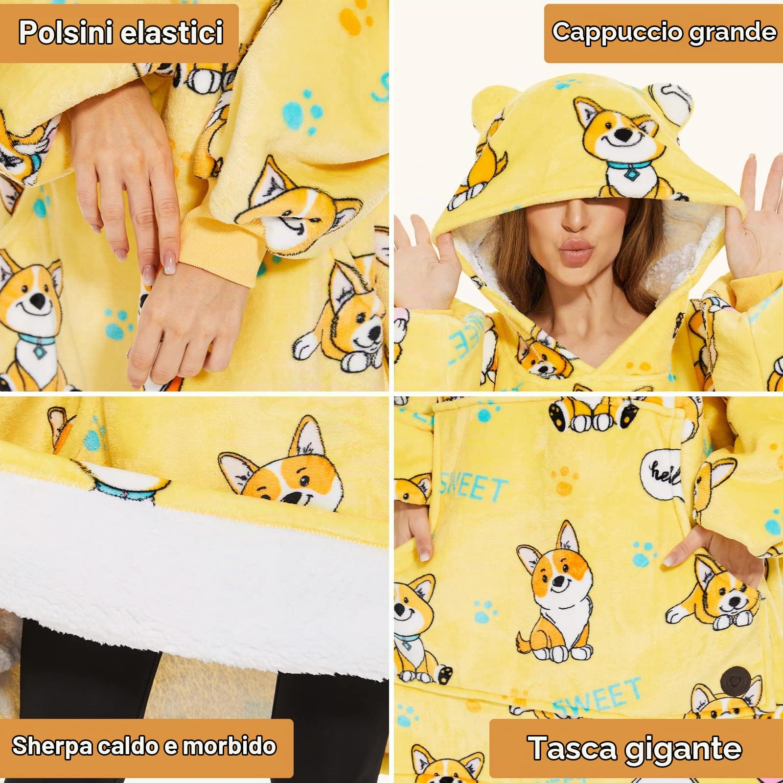THREE POODLE Felpa Coperta Oversize Donna con Maniche e Cappuccio, Felpa Pile Giganti con Maniche