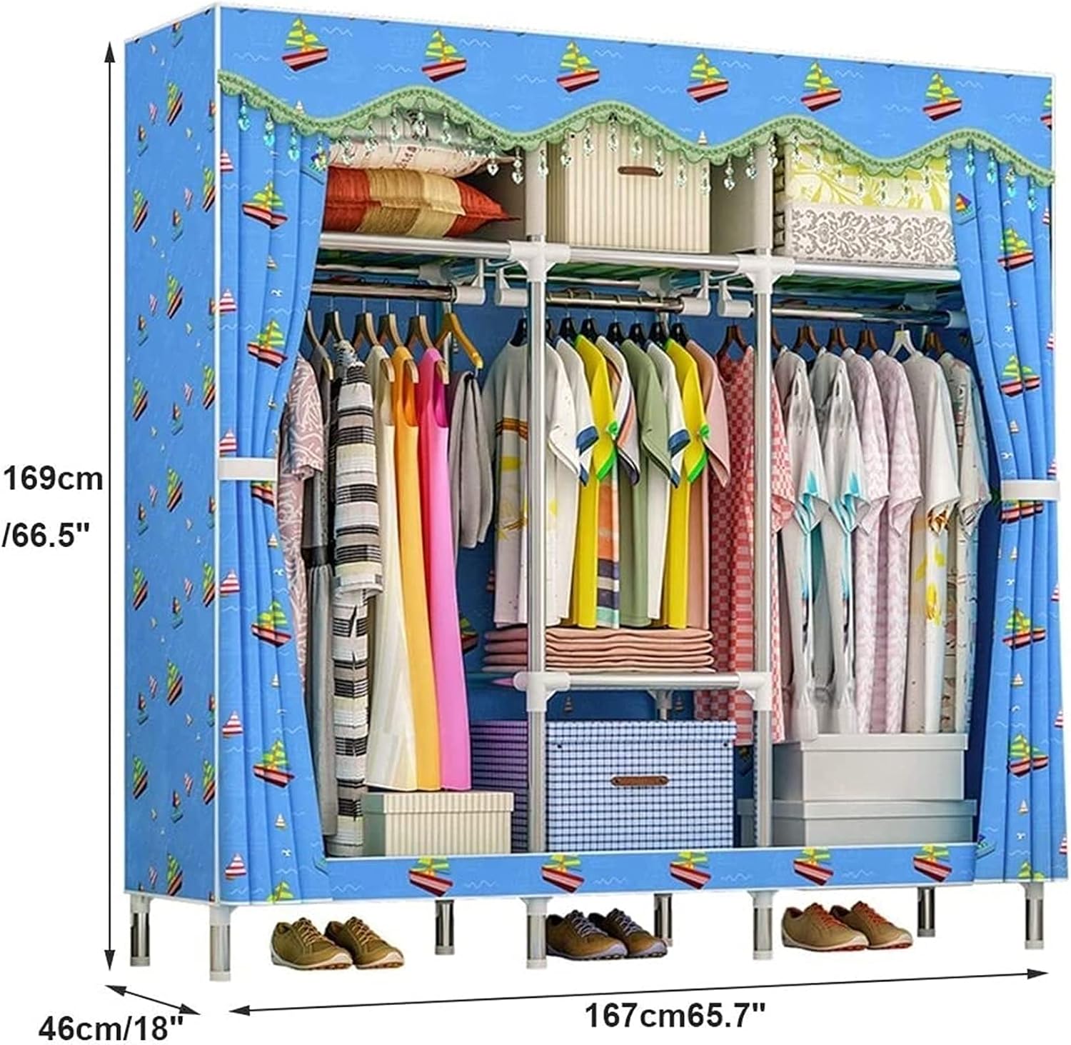 Portable Wardrobe Cloth Wardrobe Wardrobe Bedroom Portable Simple Fabric Cloth Steel Tube Bold Reinforced Assembly Double Large Ox Cloth,E Portable Cloth Hanger