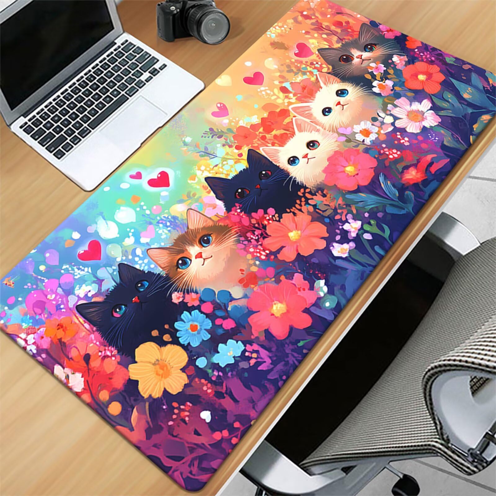 Alfombrilla de Ratón XXL 1000x500x3mm, Alfombrilla de Escritorio Grande Flores Gato, Mouse Pad Gaming Antideslizante con Bordes Cosidos para Teclado, PC y Oficina