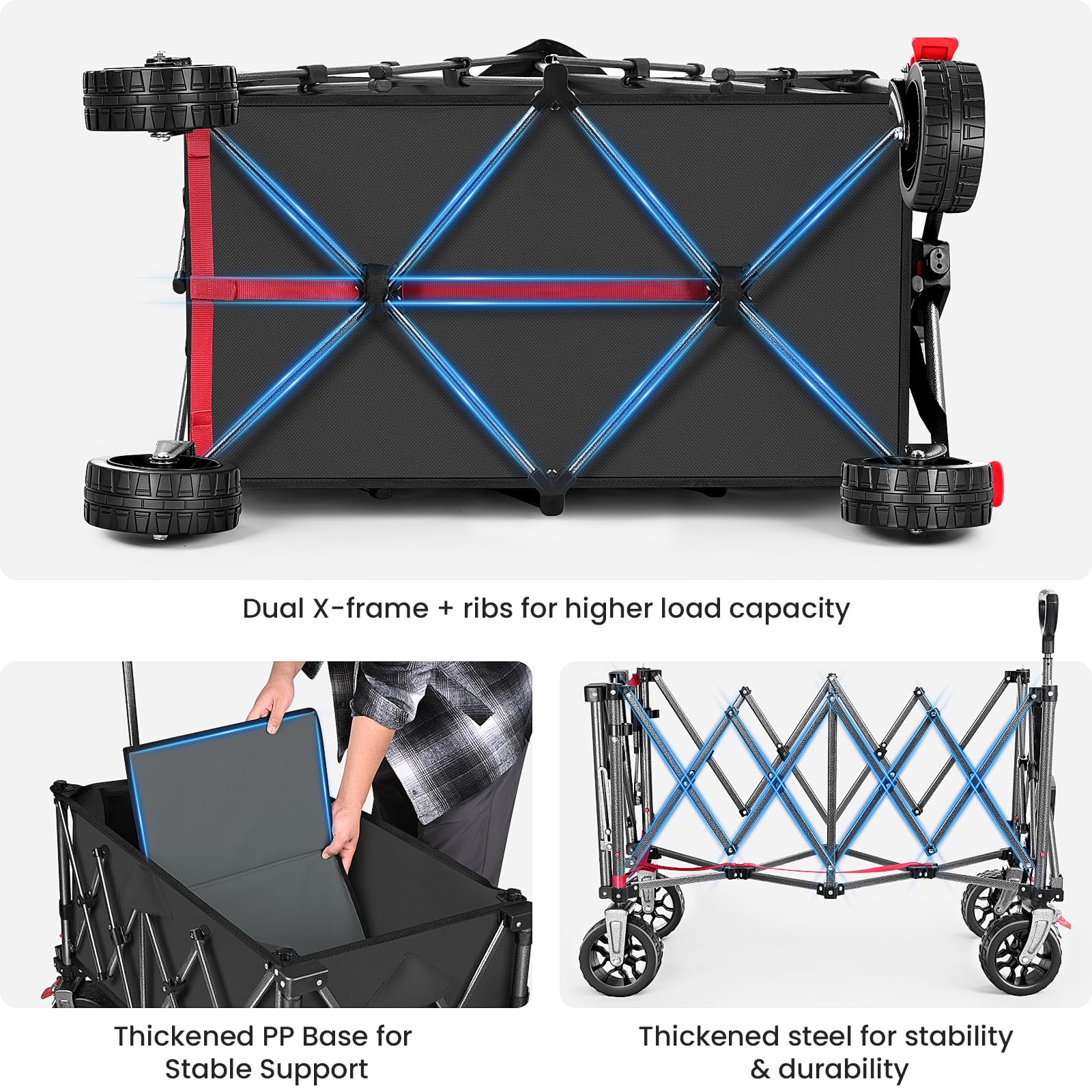 YEAUPE PRO Carro Plegable Todo Terreno – Frenos Dobles, Ruedas Anchas, Estructura Reforzada, Mango Ajustable – Ideal para Playa y Camping – 150‑240L, Negro - 3