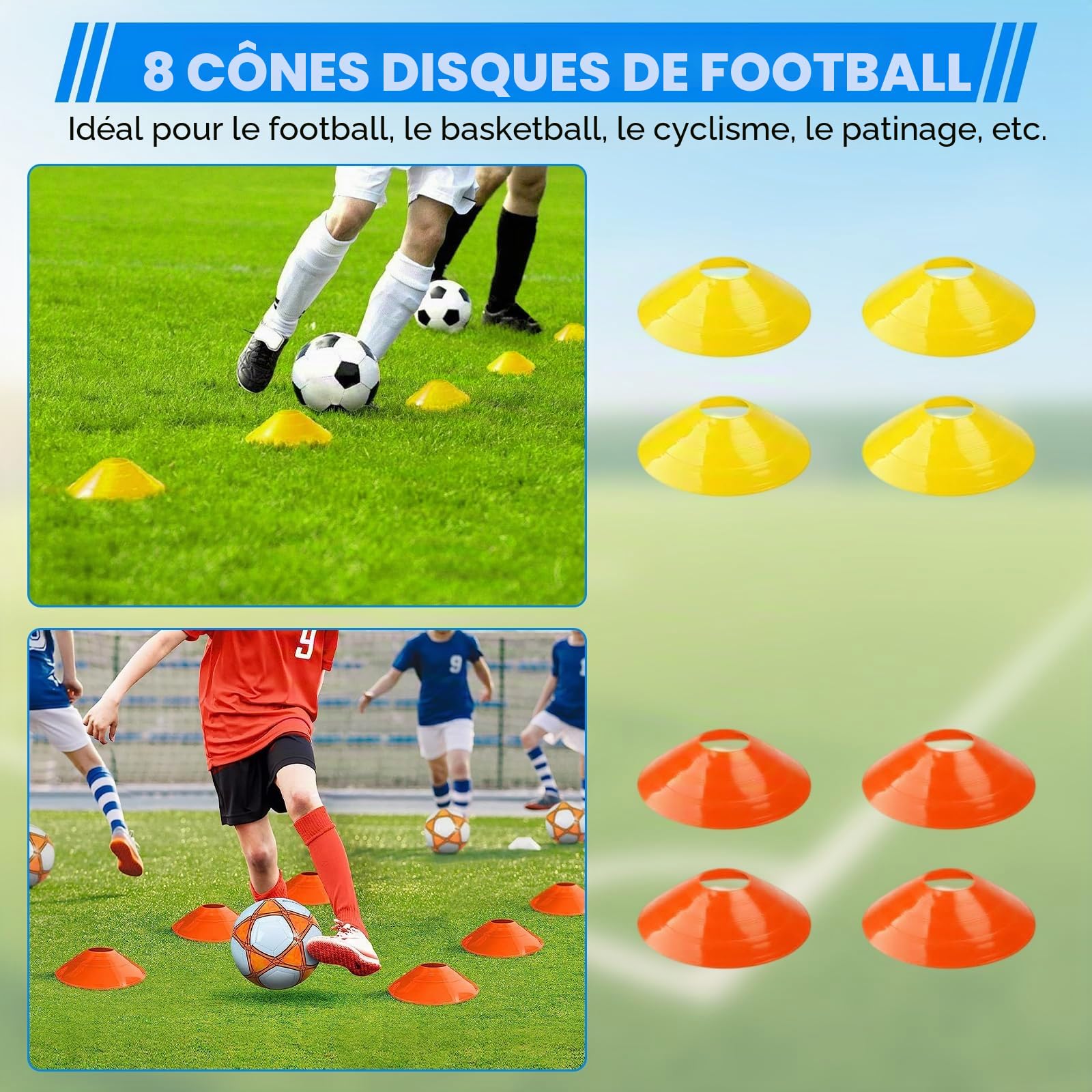 Kit Entrainement Football 15pcs, pour Coordination, Vitesse | Échelle agilité 6m, 8 plots incassables, lanceur sans mains, 4 piquets acier, sac, Nylon/PE robuste