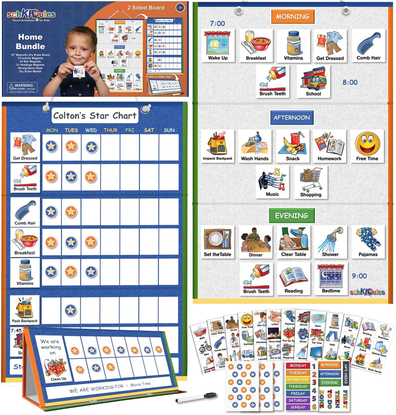 SchKIDules 2-in-1 Home Bundle Visual Schedule: Daily Kids Calendar and Weekly Responsibility Chart All in One; 18" Trifold Magnetic Board, 72 Activity Magnets and 57 Accessory Magnets