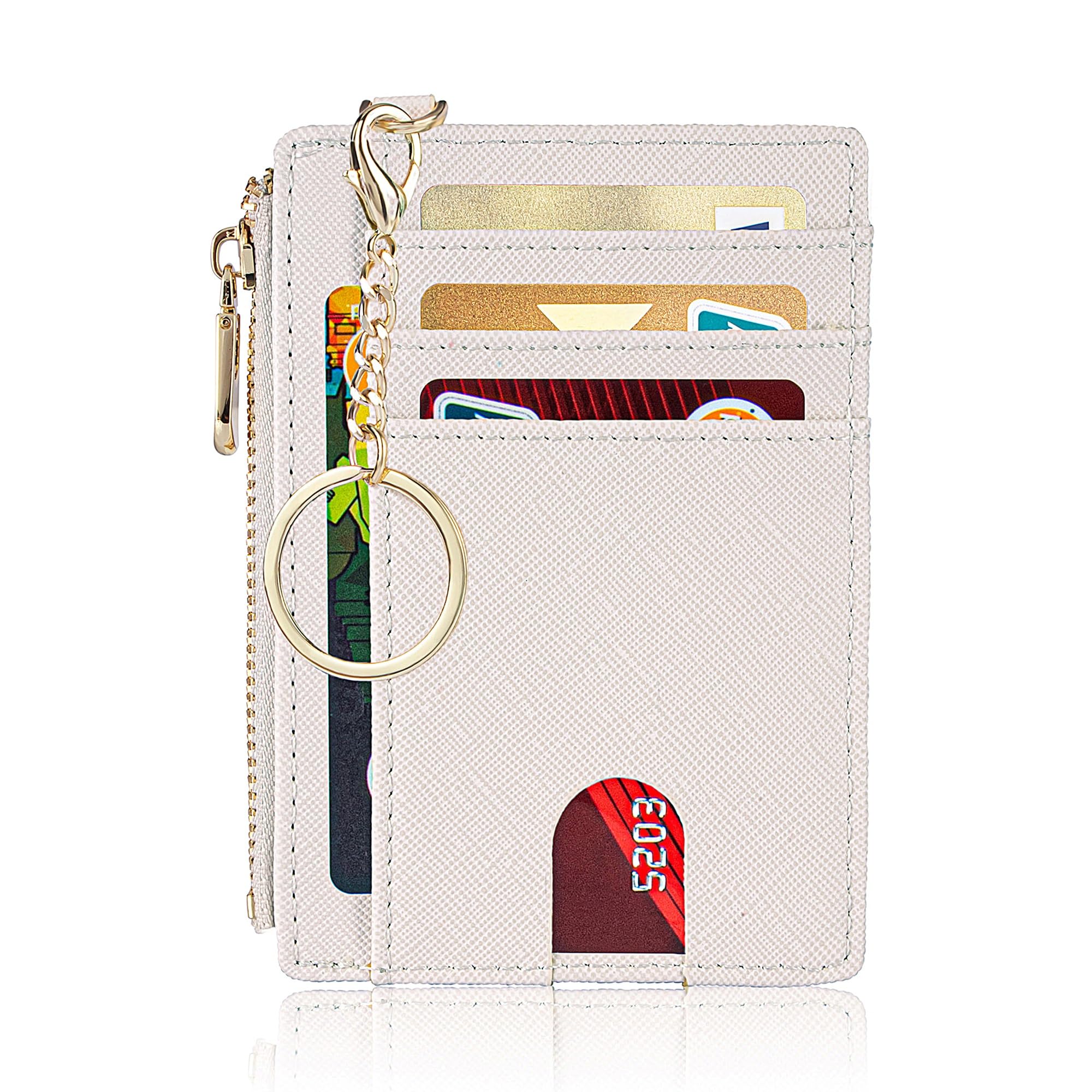 Suweibuke Slim Pocket Wallet, RFID Blocking Credit Card Holder Wallet with D-Shackle ID Window and Detachable keychain for Women (A-Beige)